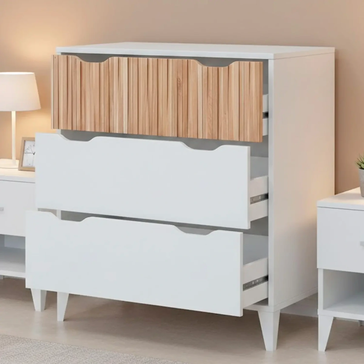 Cassettiera Stile Nordico Con 3 Cassetti Mobile Per Camera Da Letto Moderna Con Gambe Rialzate Mobile Design Scandinavo Zona Notte Salvaspazio 70.5 x 76 x 40 Cm