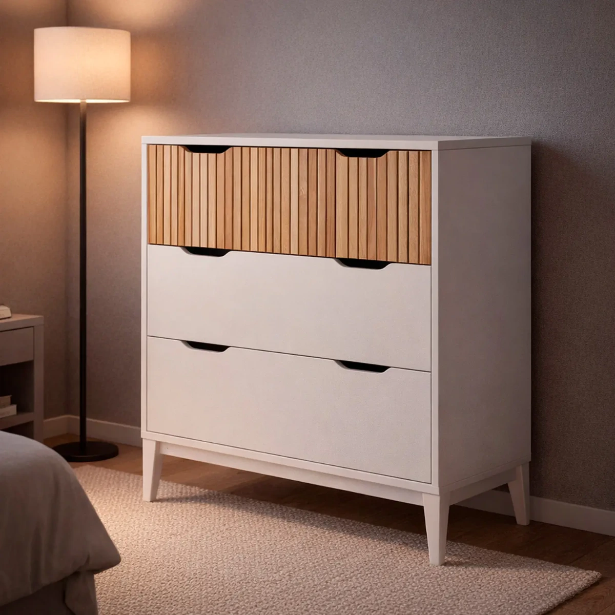 Cassettiera Stile Nordico Con 3 Cassetti Mobile Per Camera Da Letto Moderna Con Gambe Rialzate Mobile Design Scandinavo Zona Notte Salvaspazio 70.5 x 76 x 40 Cm