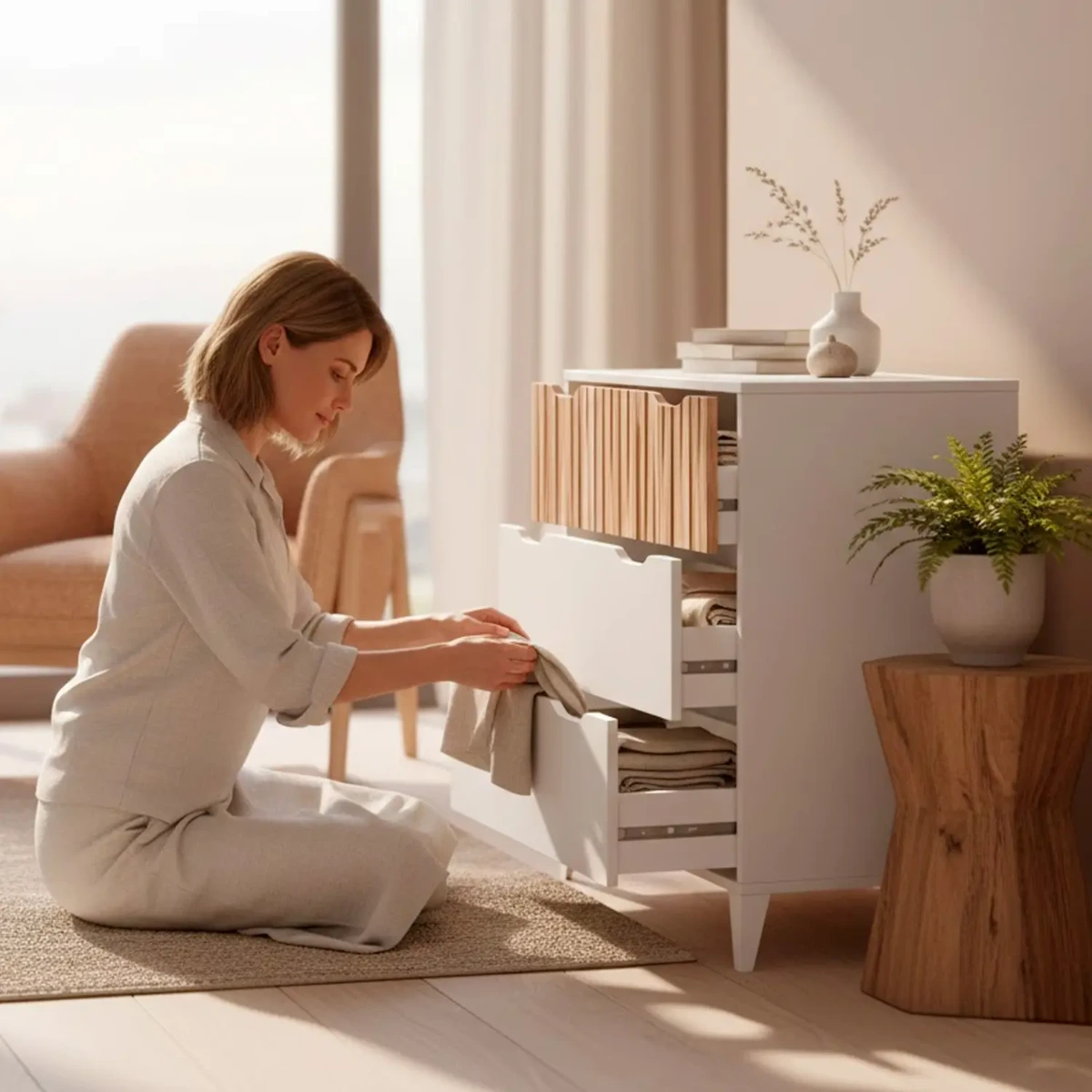 Cassettiera Stile Nordico Con 3 Cassetti Mobile Per Camera Da Letto Moderna Con Gambe Rialzate Mobile Design Scandinavo Zona Notte Salvaspazio 70.5 x 76 x 40 Cm
