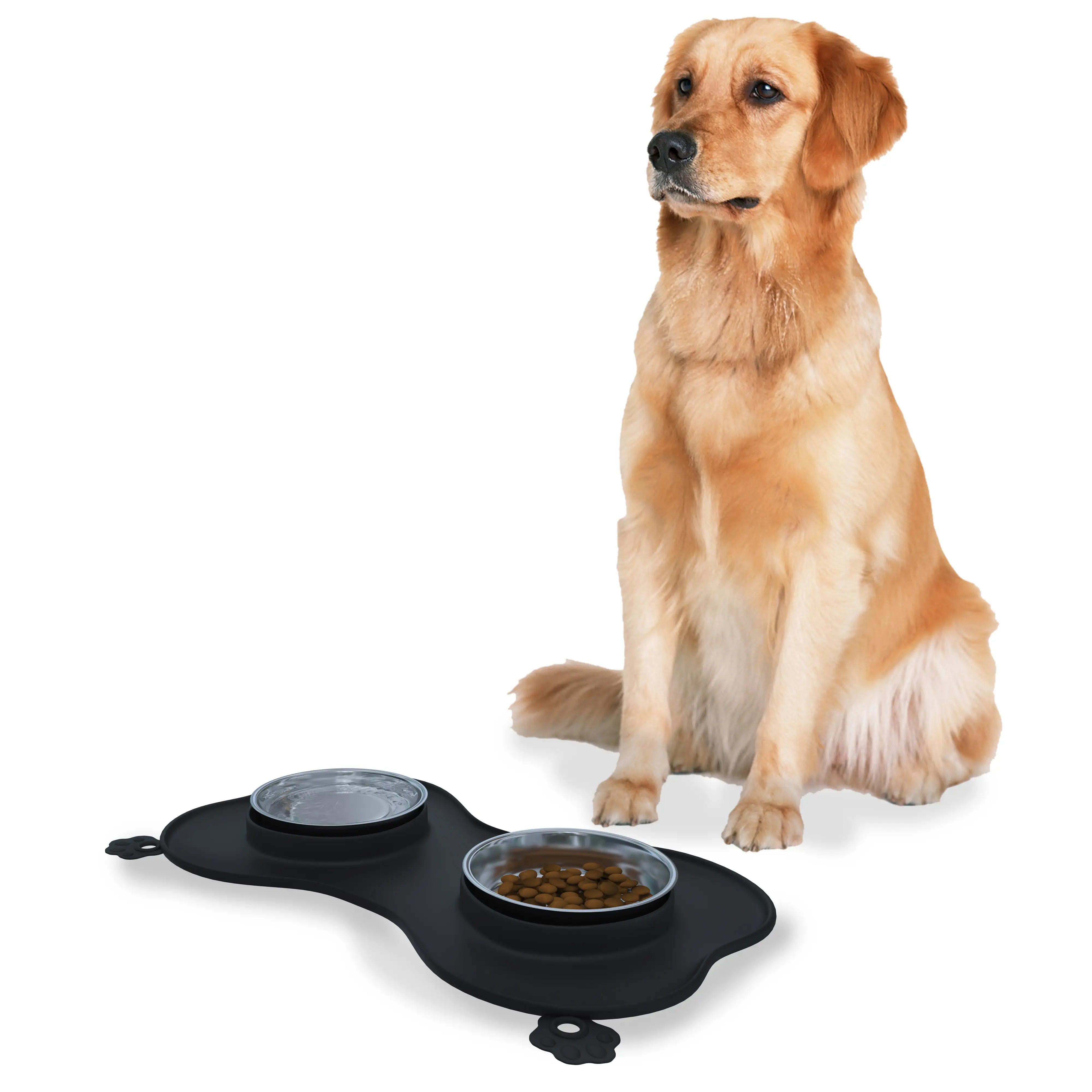 Ciotole Per Cani Gatti 3 In 1 Doppia Ciotola In Acciaio Inox Cibo Croccantini Alimentazione Acqua Tappetino In Silicone Sottociotola Antiribaltamento Antiscivolo Con Ventose (52 x 35 Cm, Nero)