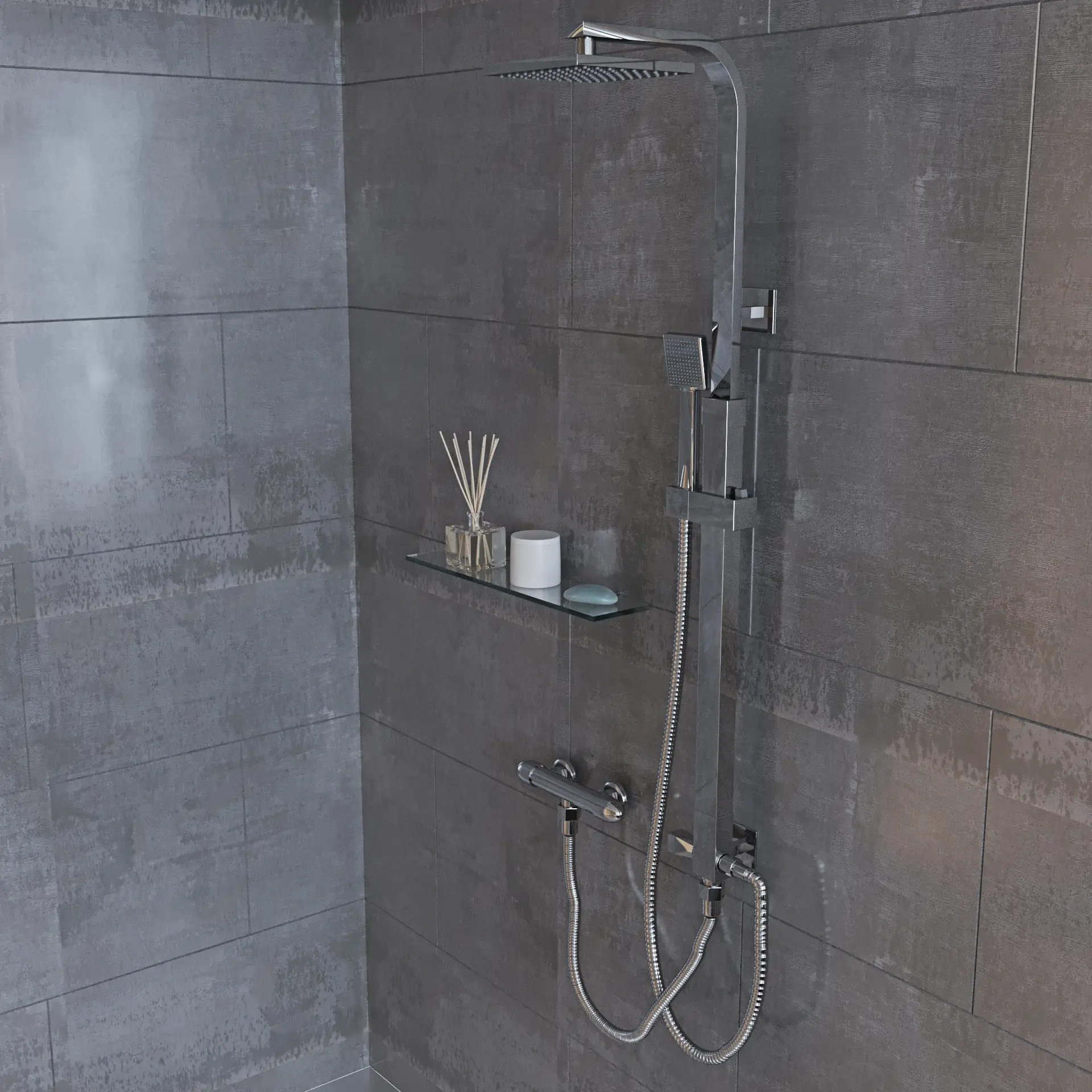 Colonna Doccia Completa In Ottone Cromato Soffione Quadrato Da 22 Cm Doccetta Set Design Moderno Multifunzione Getto A Pioggia Senza Miscelatore Asta Regolabile Da 88.5 a 120.5 Cm Skagen