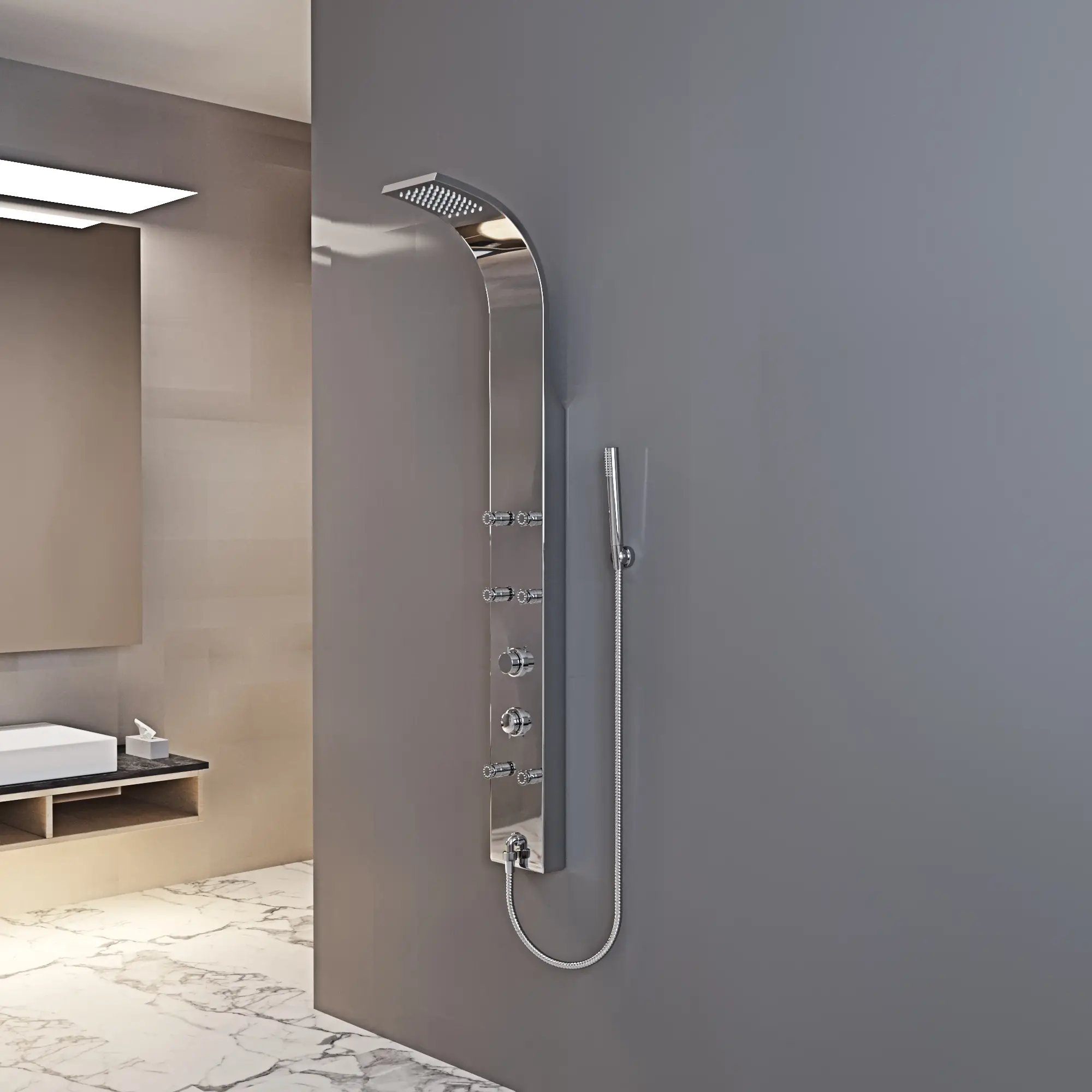Colonna Doccia Ohio In acciaio Inox 304 Spazzolato Con Miscelatore Pannello Design Moderno Multifunzione Doccia, Soffione, Idromassaggio, Doccia A Cascata, Doccetta 140 x 16.2 x 18 cm (Argento)