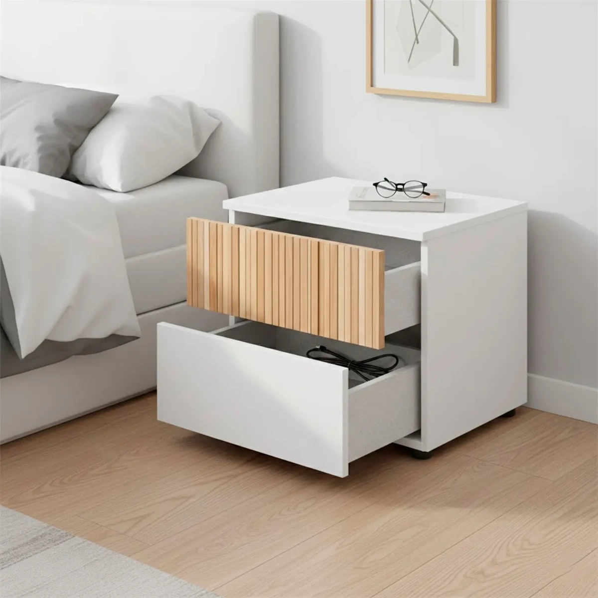 Comodino Con 2 Cassetti Stile Nordico Mobiletto Per Camera Da Letto Moderna Mobile Design Scandinavo Zona Notte Salvaspazio 50 x 41.5 x 34 Cm