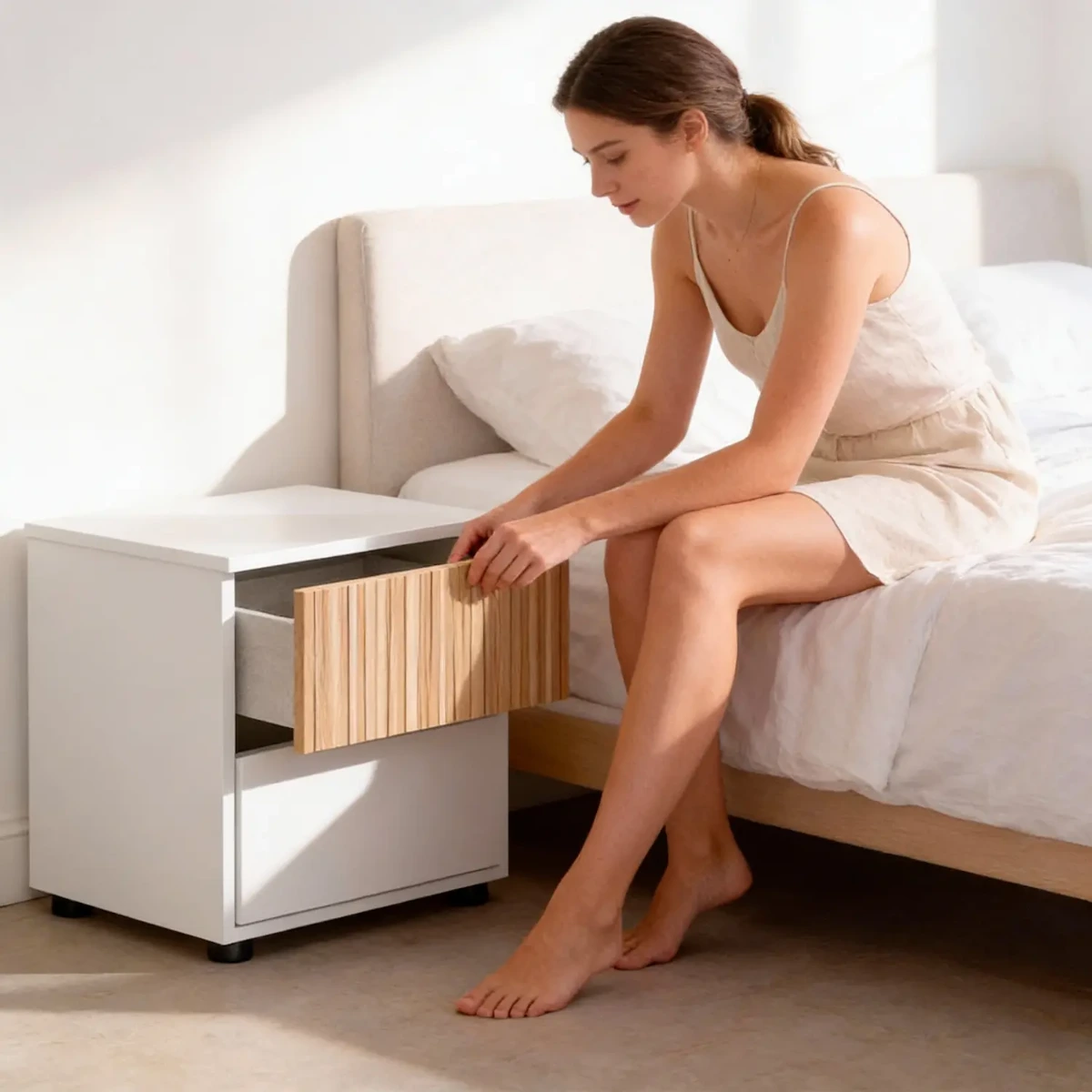 Comodino Con 2 Cassetti Stile Nordico Mobiletto Per Camera Da Letto Moderna Mobile Design Scandinavo Zona Notte Salvaspazio 50 x 41.5 x 34 Cm