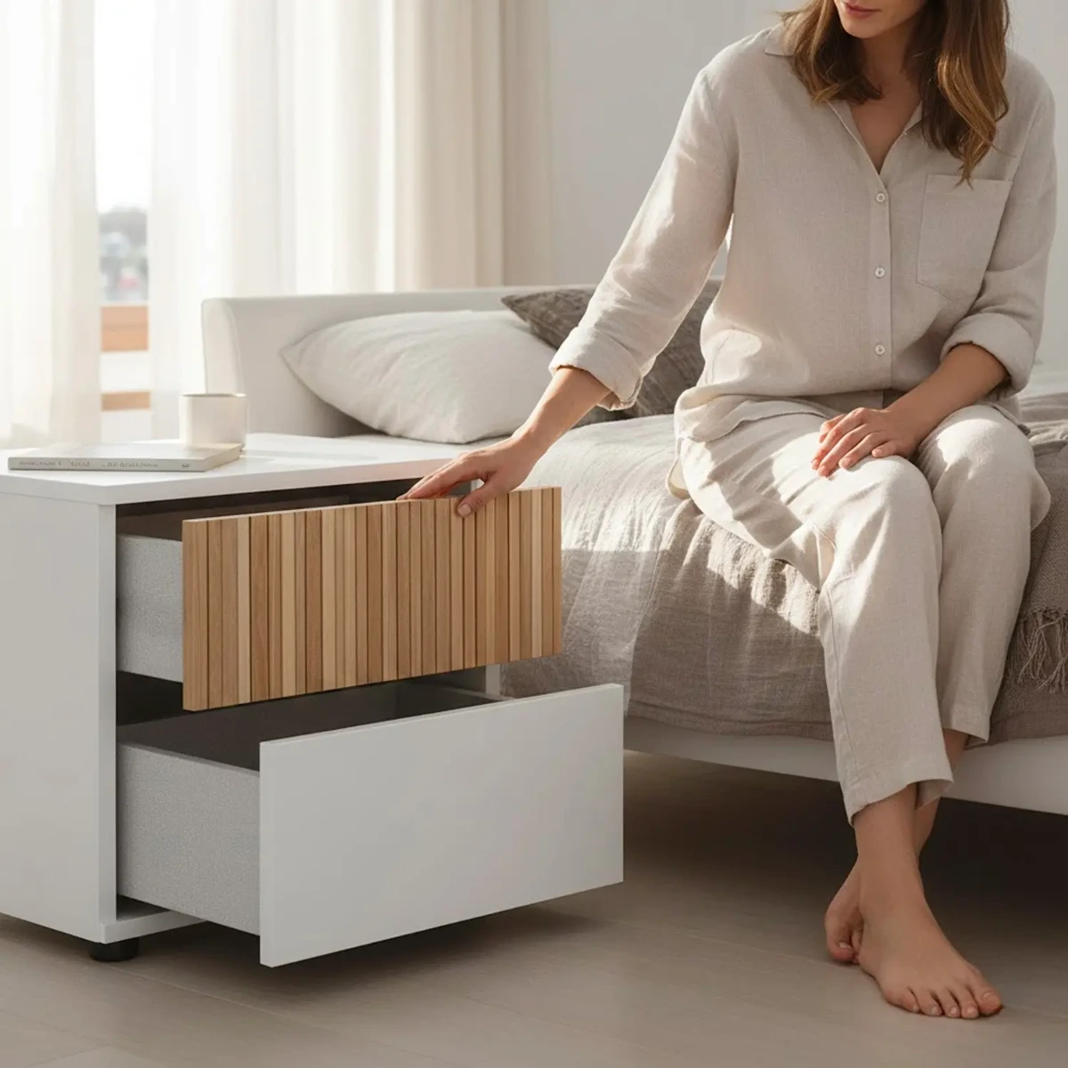 Comodino Con 2 Cassetti Stile Nordico Mobiletto Per Camera Da Letto Moderna Mobile Design Scandinavo Zona Notte Salvaspazio 50 x 41.5 x 34 Cm