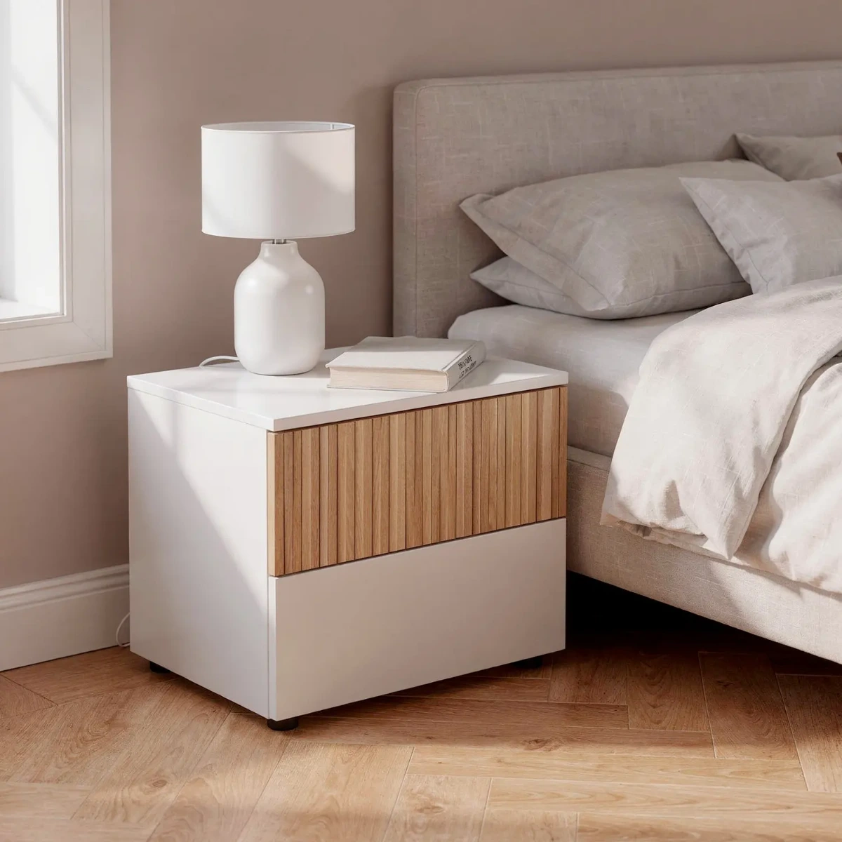 Comodino Con 2 Cassetti Stile Nordico Mobiletto Per Camera Da Letto Moderna Mobile Design Scandinavo Zona Notte Salvaspazio 50 x 41.5 x 34 Cm
