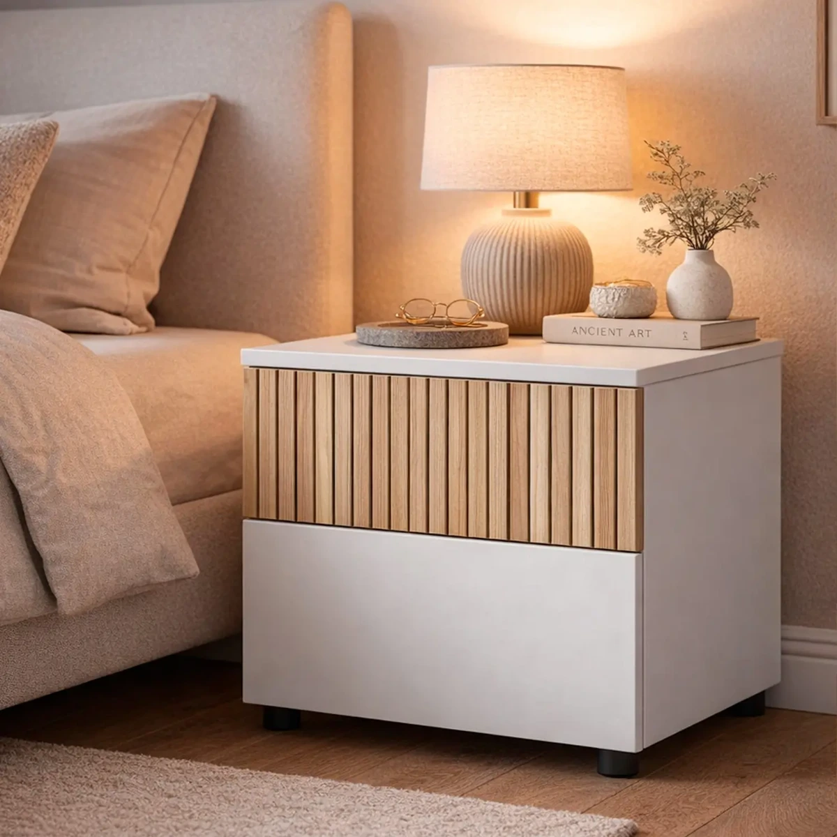 Comodino Con 2 Cassetti Stile Nordico Mobiletto Per Camera Da Letto Moderna Mobile Design Scandinavo Zona Notte Salvaspazio 50 x 41.5 x 34 Cm