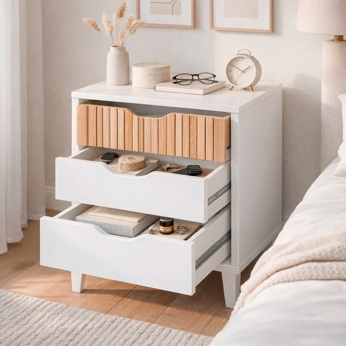 Comodino Stile Nordico Con 3 Cassetti Mobiletto Per Camera Da Letto Moderna Con Gambe Rialzate Mobile Design Scandinavo Zona Notte Salvaspazio 50 x 44 x 33 Cm