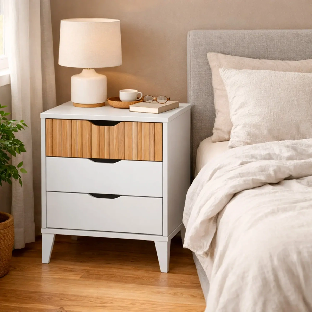 Comodino Stile Nordico Con 3 Cassetti Mobiletto Per Camera Da Letto Moderna Con Gambe Rialzate Mobile Design Scandinavo Zona Notte Salvaspazio 50 x 44 x 33 Cm