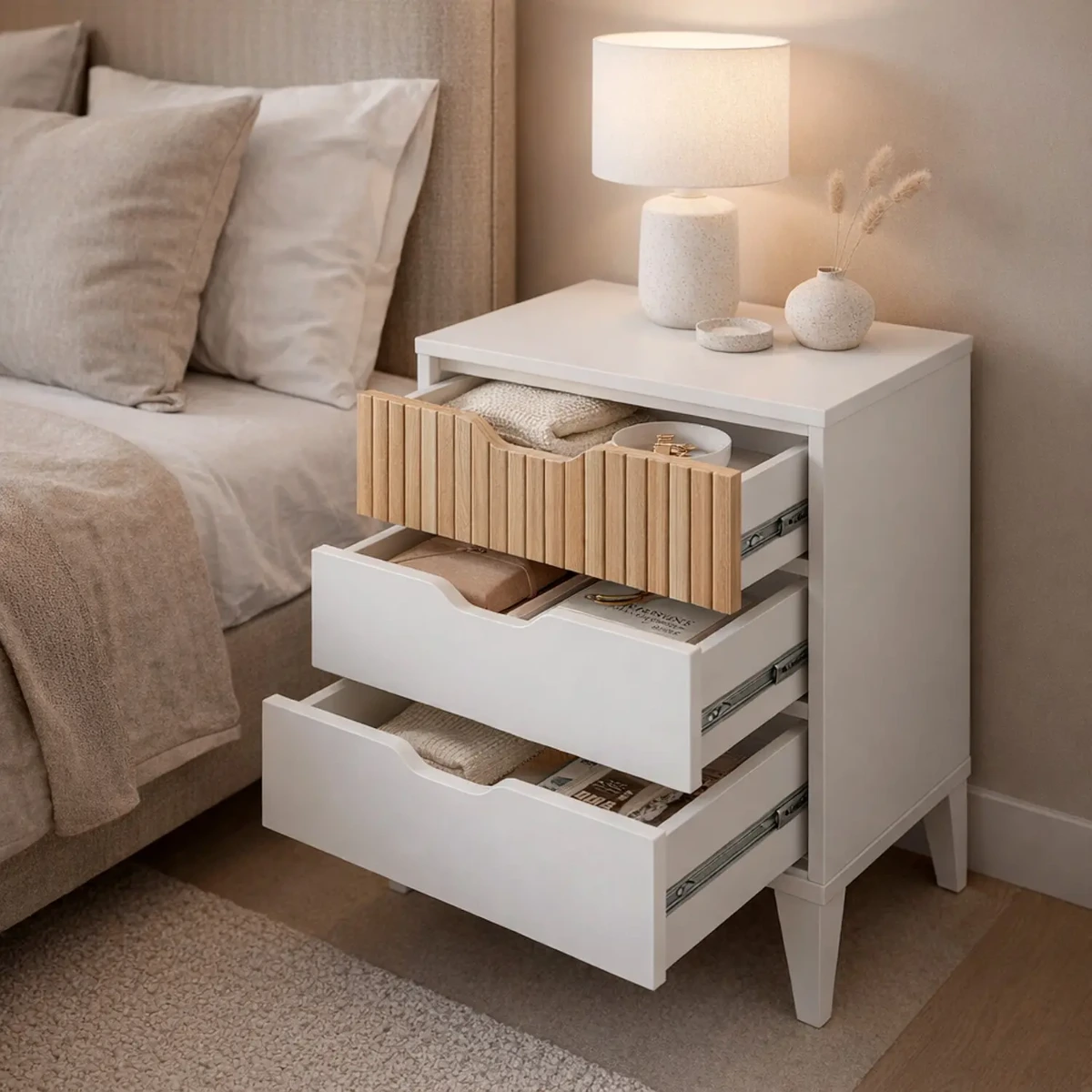 Comodino Stile Nordico Con 3 Cassetti Mobiletto Per Camera Da Letto Moderna Con Gambe Rialzate Mobile Design Scandinavo Zona Notte Salvaspazio 50 x 44 x 33 Cm