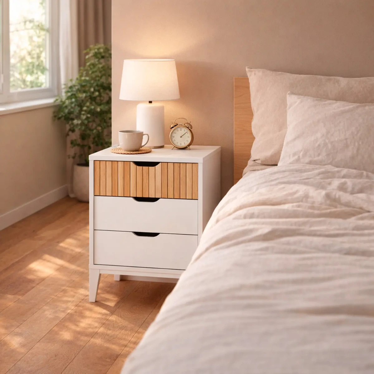 Comodino Stile Nordico Con 3 Cassetti Mobiletto Per Camera Da Letto Moderna Con Gambe Rialzate Mobile Design Scandinavo Zona Notte Salvaspazio 50 x 44 x 33 Cm