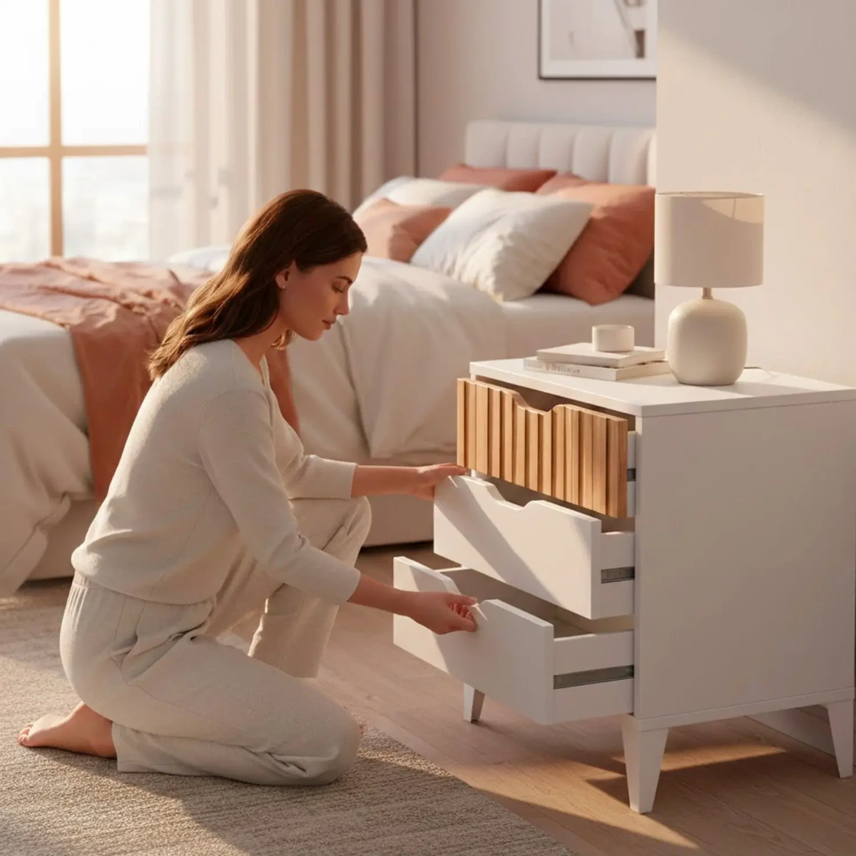 Comodino Stile Nordico Con 3 Cassetti Mobiletto Per Camera Da Letto Moderna Con Gambe Rialzate Mobile Design Scandinavo Zona Notte Salvaspazio 50 x 44 x 33 Cm
