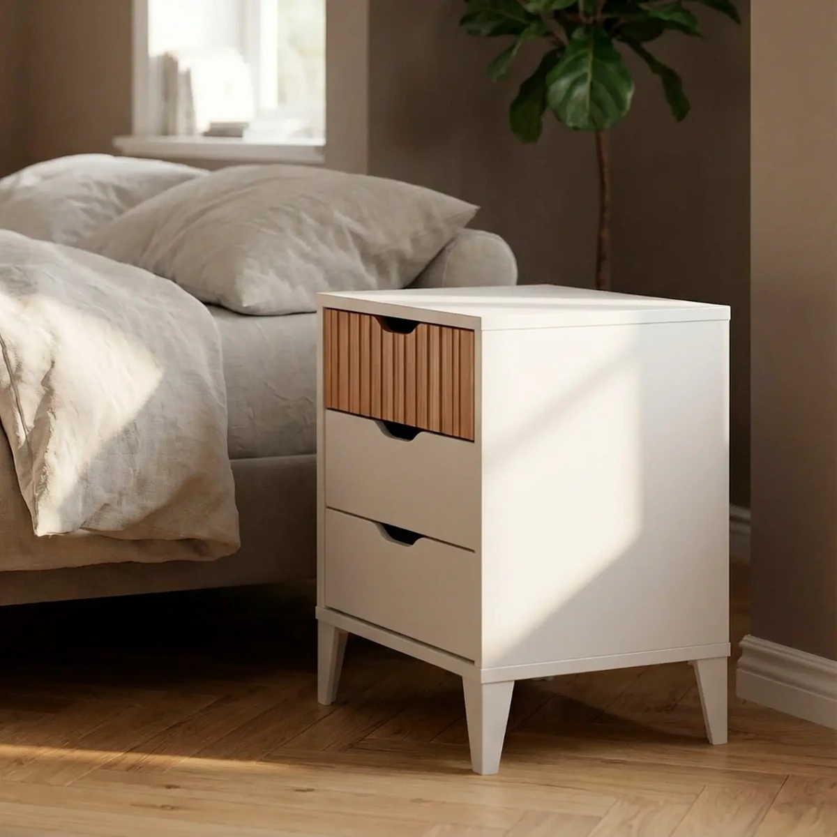 Comodino Stile Nordico Con 3 Cassetti Mobiletto Per Camera Da Letto Moderna Con Gambe Rialzate Mobile Design Scandinavo Zona Notte Salvaspazio 50 x 44 x 33 Cm