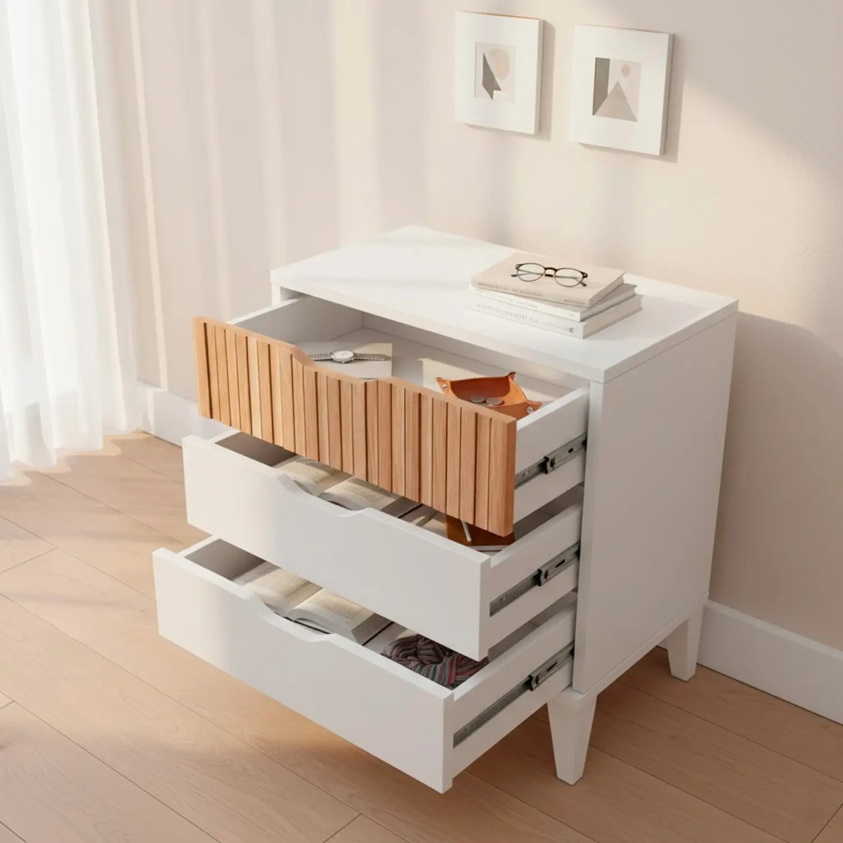 Comodino Stile Nordico Con 3 Cassetti Mobiletto Per Camera Da Letto Moderna Con Gambe Rialzate Mobile Design Scandinavo Zona Notte Salvaspazio 50 x 44 x 33 Cm