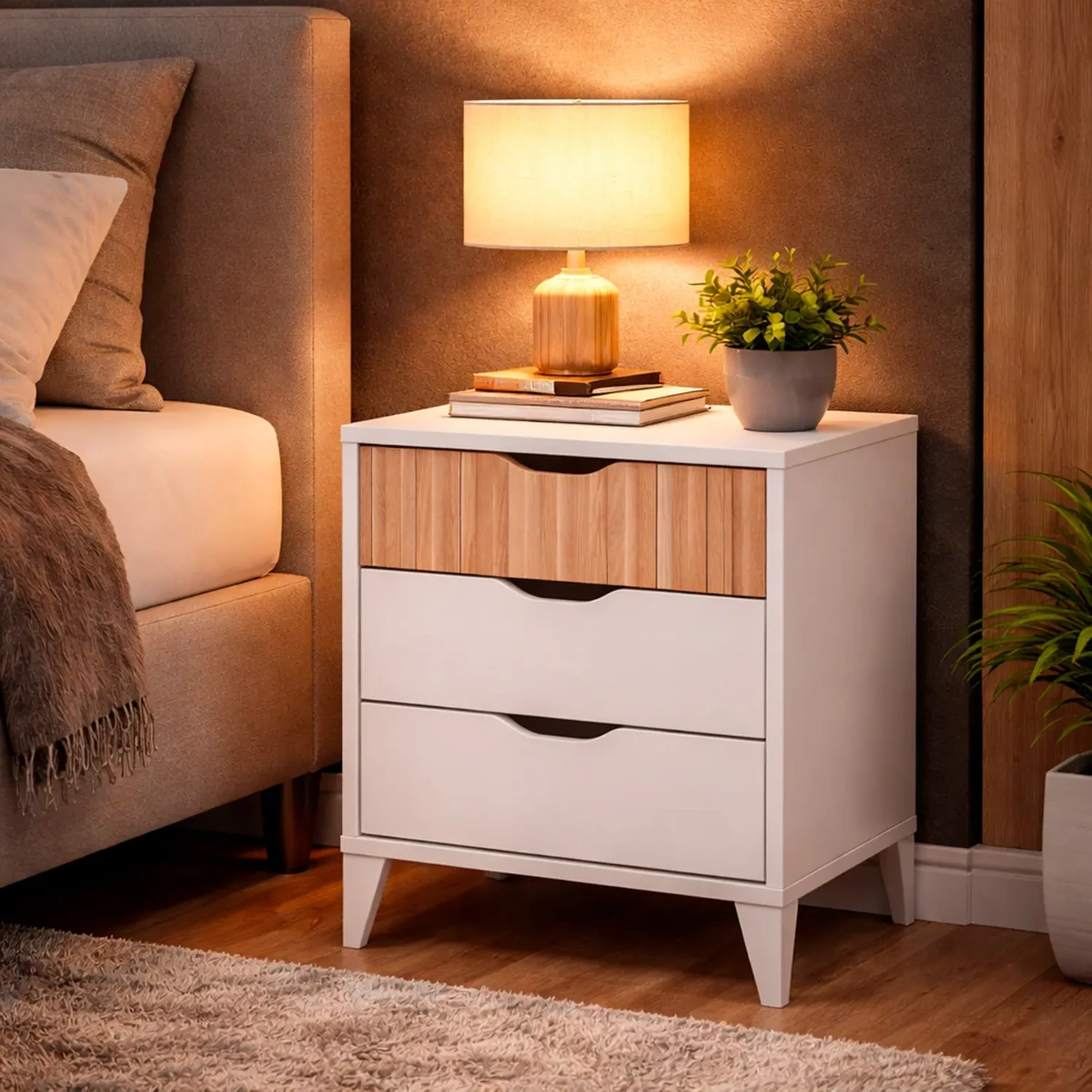 Comodino Stile Nordico Con 3 Cassetti Mobiletto Per Camera Da Letto Moderna Con Gambe Rialzate Mobile Design Scandinavo Zona Notte Salvaspazio 50 x 44 x 33 Cm-Bianco e rovere