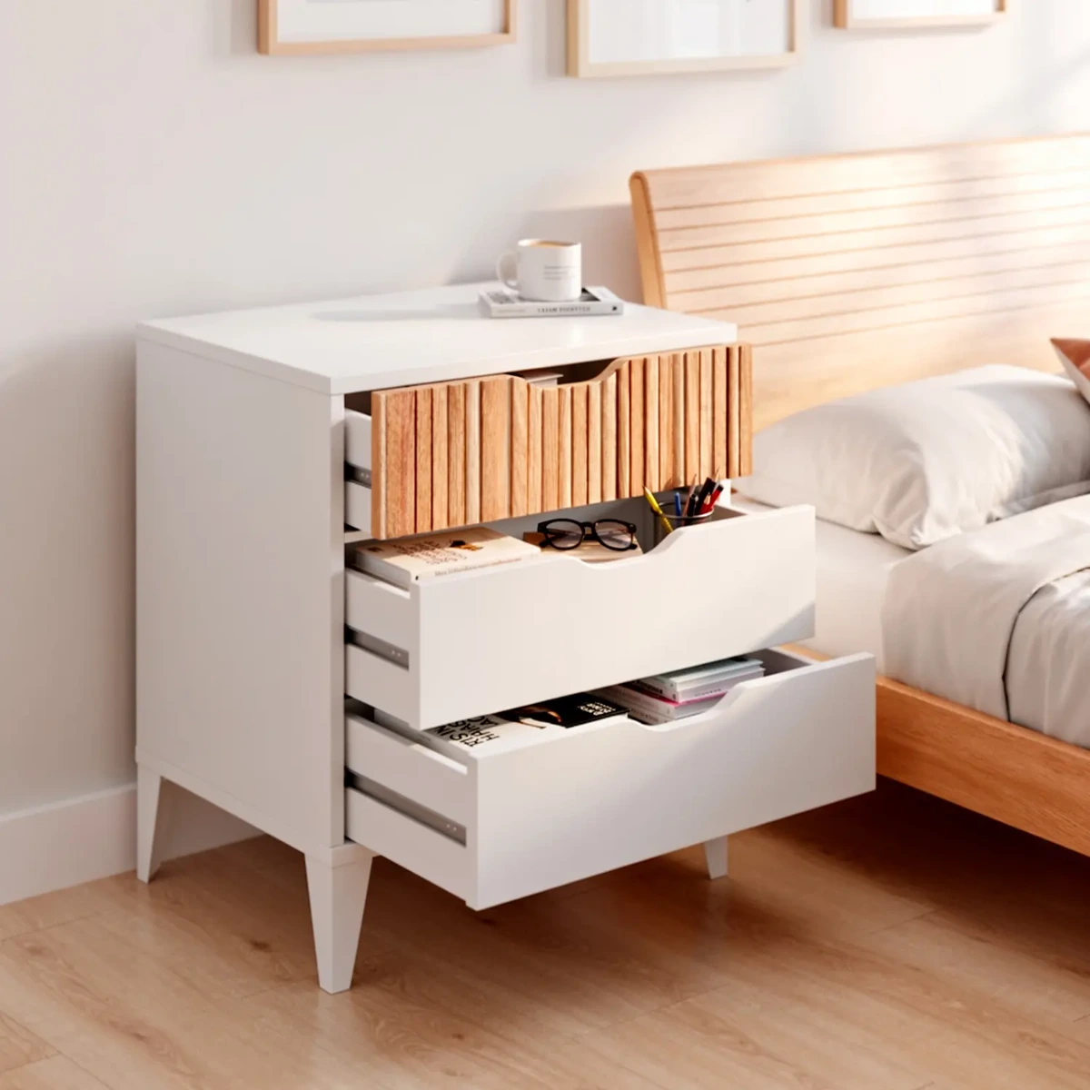 Comodino Stile Nordico Con 3 Cassetti Mobiletto Per Camera Da Letto Moderna Con Gambe Rialzate Mobile Design Scandinavo Zona Notte Salvaspazio 50 x 44 x 33 Cm