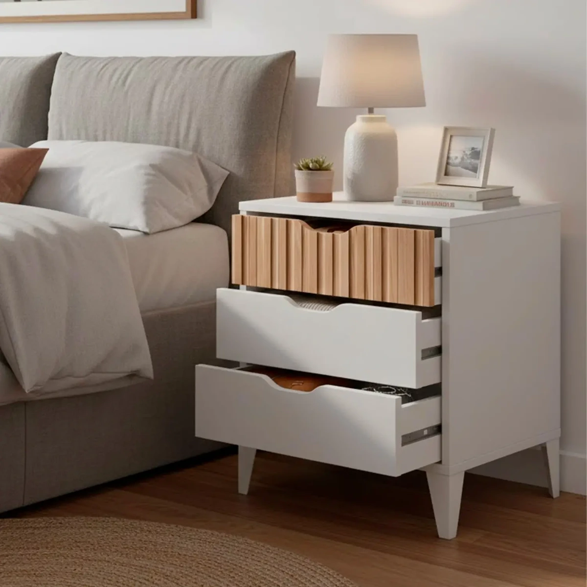 Comodino Stile Nordico Con 3 Cassetti Mobiletto Per Camera Da Letto Moderna Con Gambe Rialzate Mobile Design Scandinavo Zona Notte Salvaspazio 50 x 44 x 33 Cm