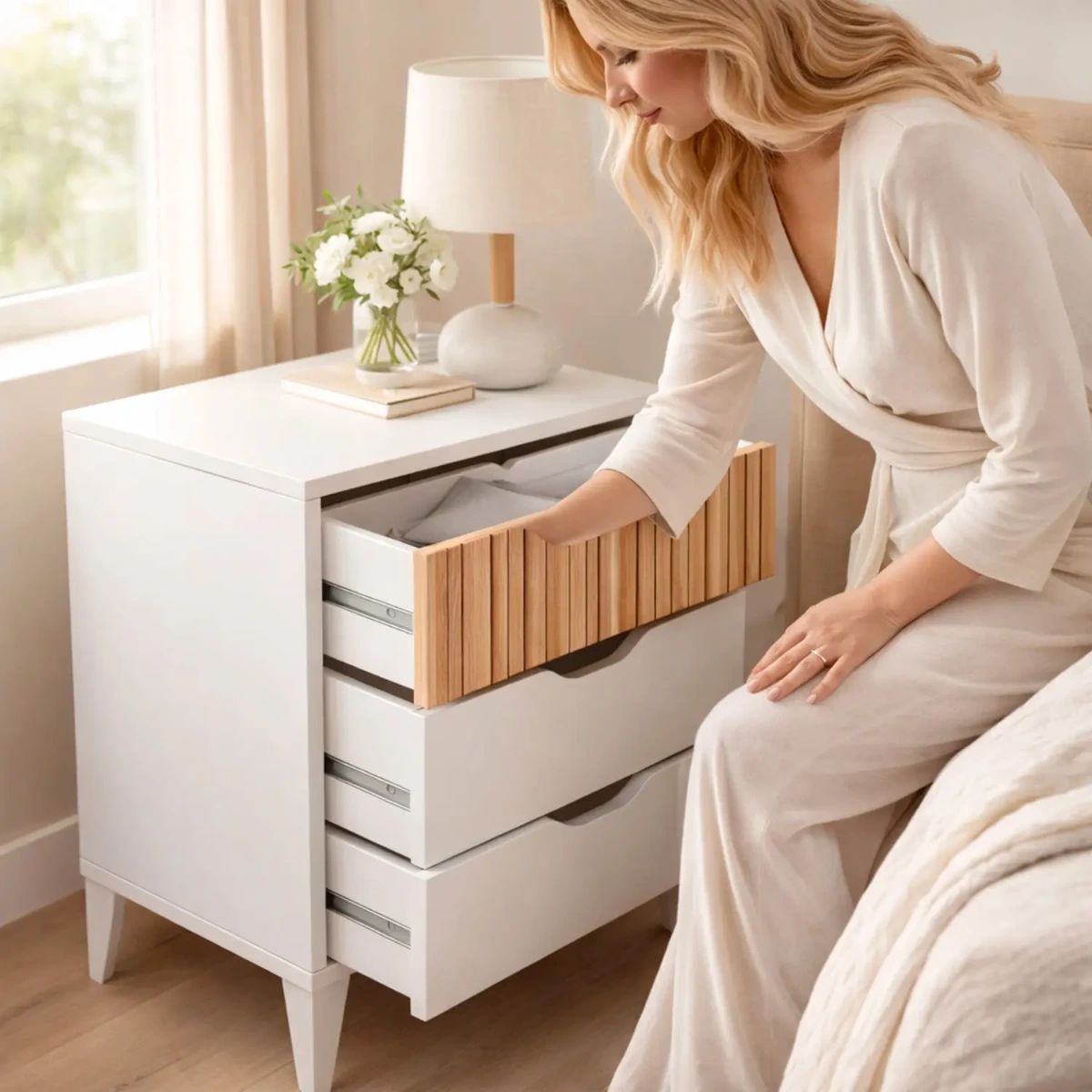 Comodino Stile Nordico Con 3 Cassetti Mobiletto Per Camera Da Letto Moderna Con Gambe Rialzate Mobile Design Scandinavo Zona Notte Salvaspazio 50 x 44 x 33 Cm