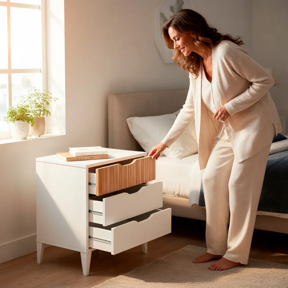 Comodino Stile Nordico Con 3 Cassetti Mobiletto Per Camera Da Letto Moderna Con Gambe Rialzate Mobile Design Scandinavo Zona Notte Salvaspazio 50 x 44 x 33 Cm