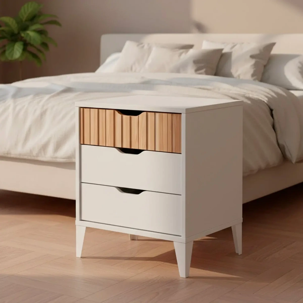Comodino Stile Nordico Con 3 Cassetti Mobiletto Per Camera Da Letto Moderna Con Gambe Rialzate Mobile Design Scandinavo Zona Notte Salvaspazio 50 x 44 x 33 Cm