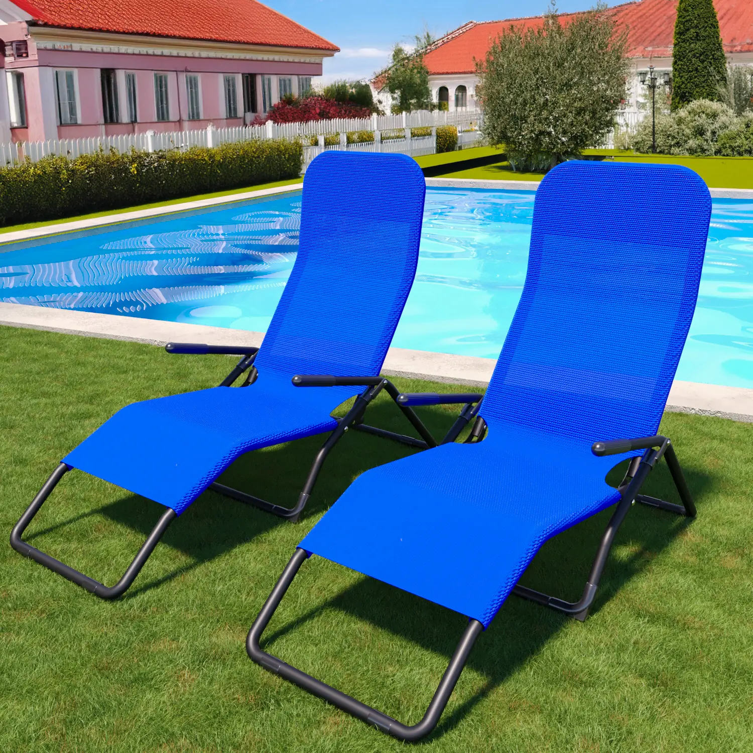 Coppia Di Lettini Basculante Pieghevole Prendisole Sedia Con Braccioli Sdraio Schienale Reclinabile Regolabile Struttura In Metallo Tubolare Spiaggia Mare Giardino Piscina 173 x 66 x 60 Cm (Blu)