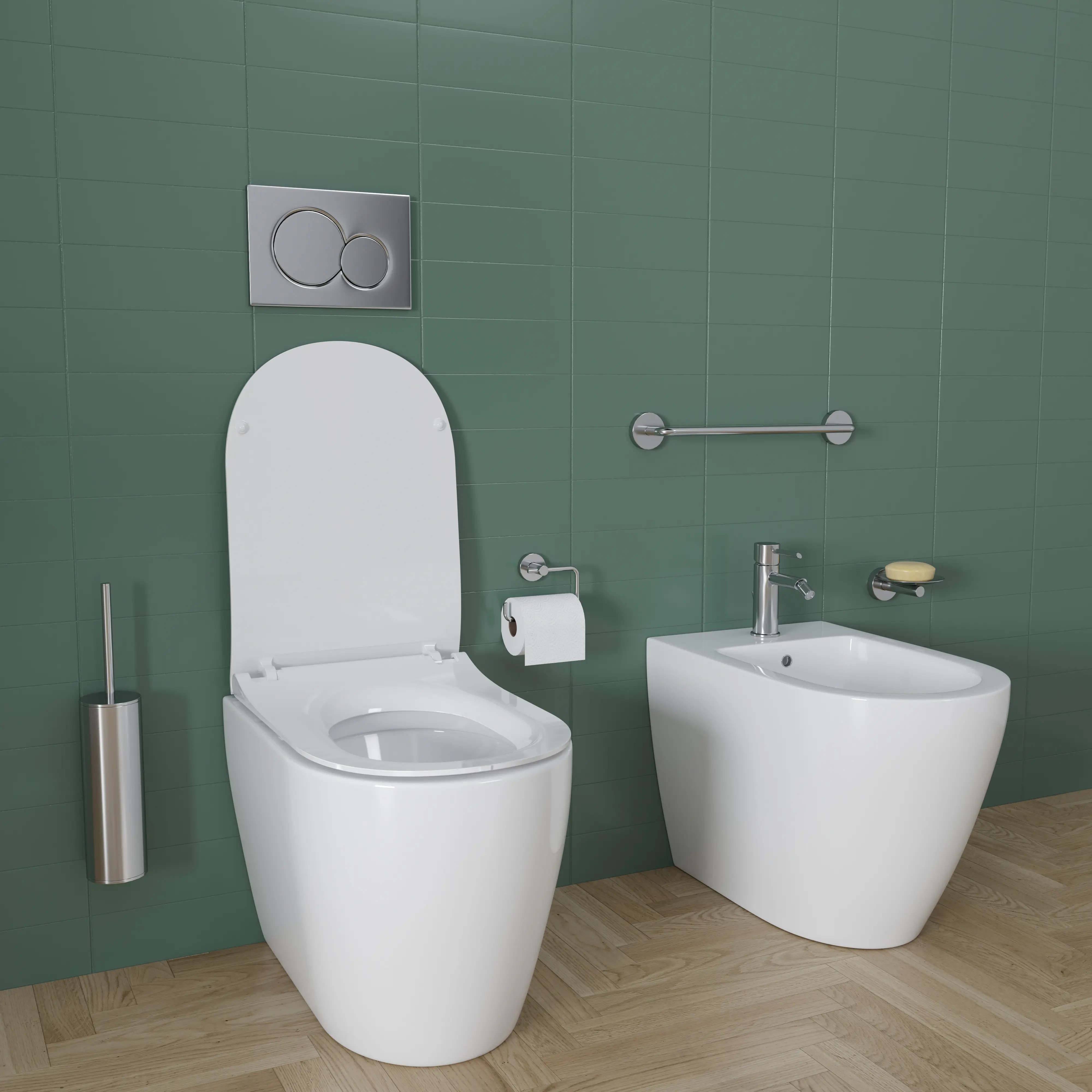 Coppia Sanitari Filomuro Filo Muro Filo Parete Vaso WC E Bidet Design Moderno In Ceramica Con Copriwater Chiusura Soft Close Chiusura Rallentata Colore Bianco
