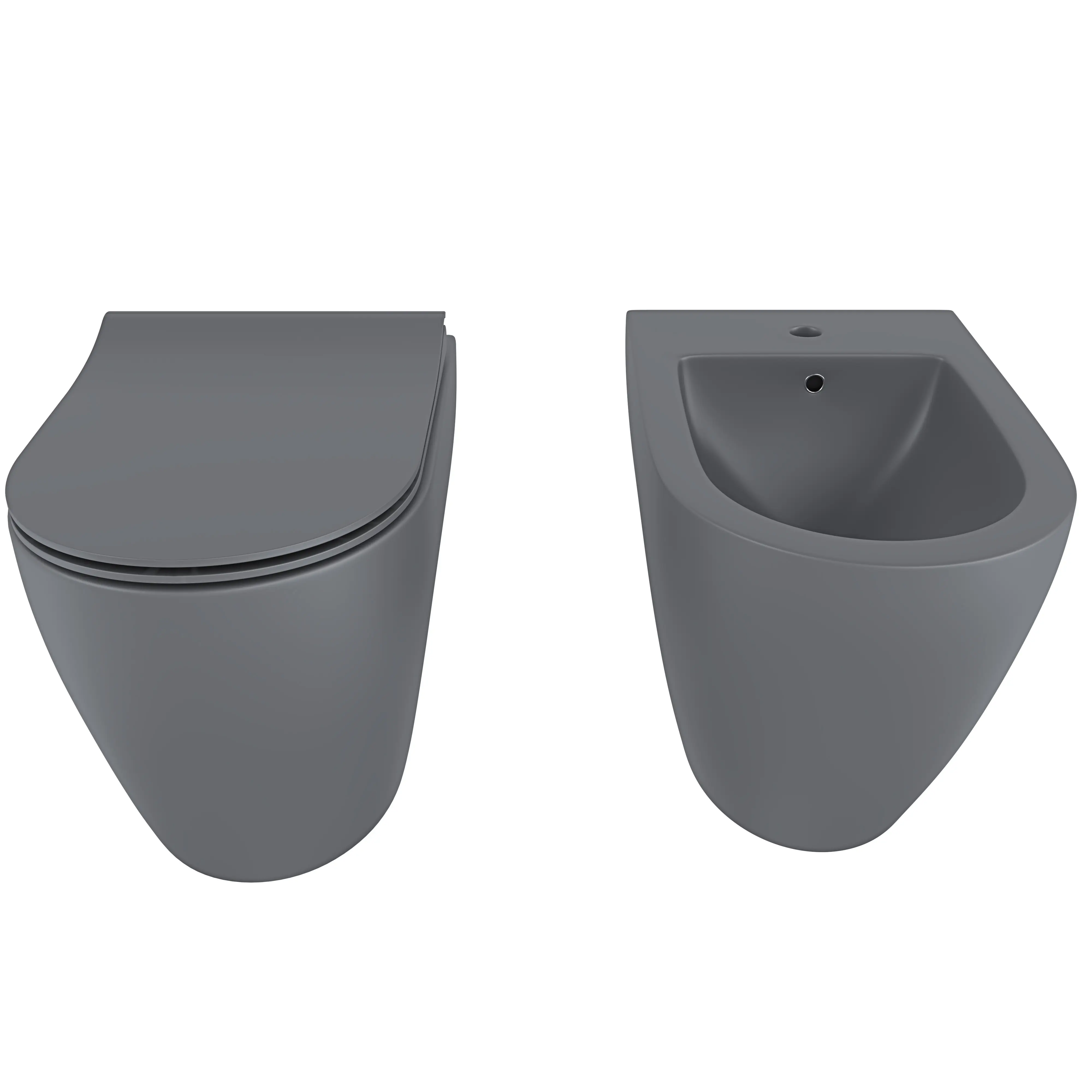 Coppia Sanitari Filomuro Filo Muro Filo Parete Vaso WC E Bidet Design Moderno In Ceramica Con Copriwater Chiusura Soft Close Chiusura Rallentata Colore Grigio Opaco