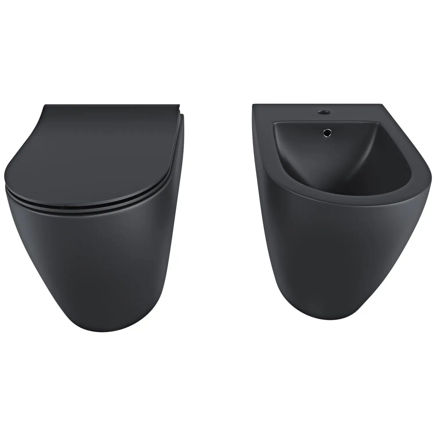 Coppia Sanitari Filomuro Filo Muro Filo Parete Vaso WC E Bidet Design Moderno In Ceramica Con Copriwater Chiusura Soft Close Chiusura Rallentata Colore Nero Opaco