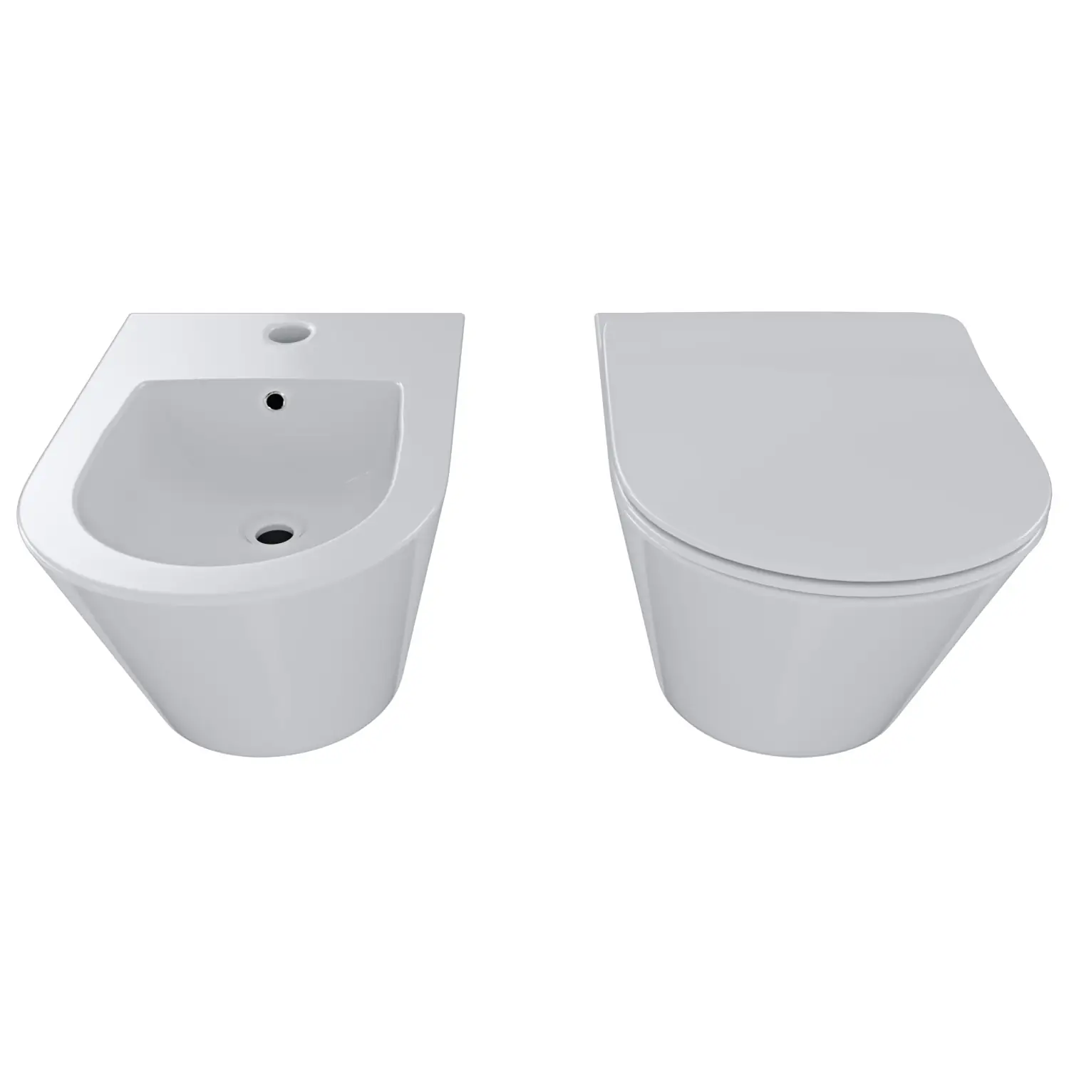 Coppia Sanitari Sospesi Vaso WC E Bidet Sospeso Design Moderno Tondo In Ceramica Con Copriwater Chiusura Soft Close Chiusura Rallentata Colore Bianco Lucido