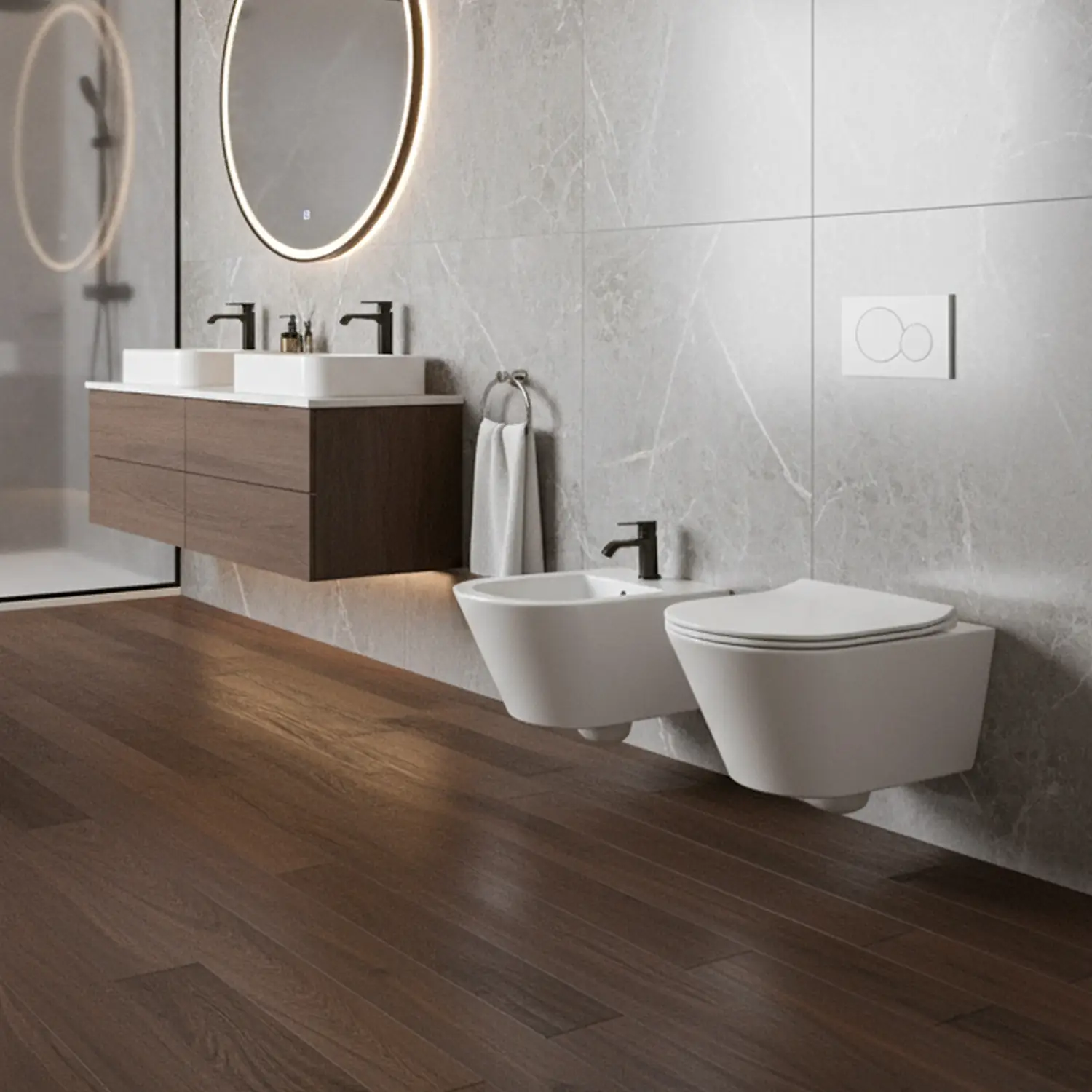 Coppia Sanitari Sospesi Vaso WC Rimless Con Tornado Flush E Bidet Sospeso Design Moderno Tondo In Ceramica Con Copriwater Chiusura Soft Close Rallentata (Bianco Lucido)