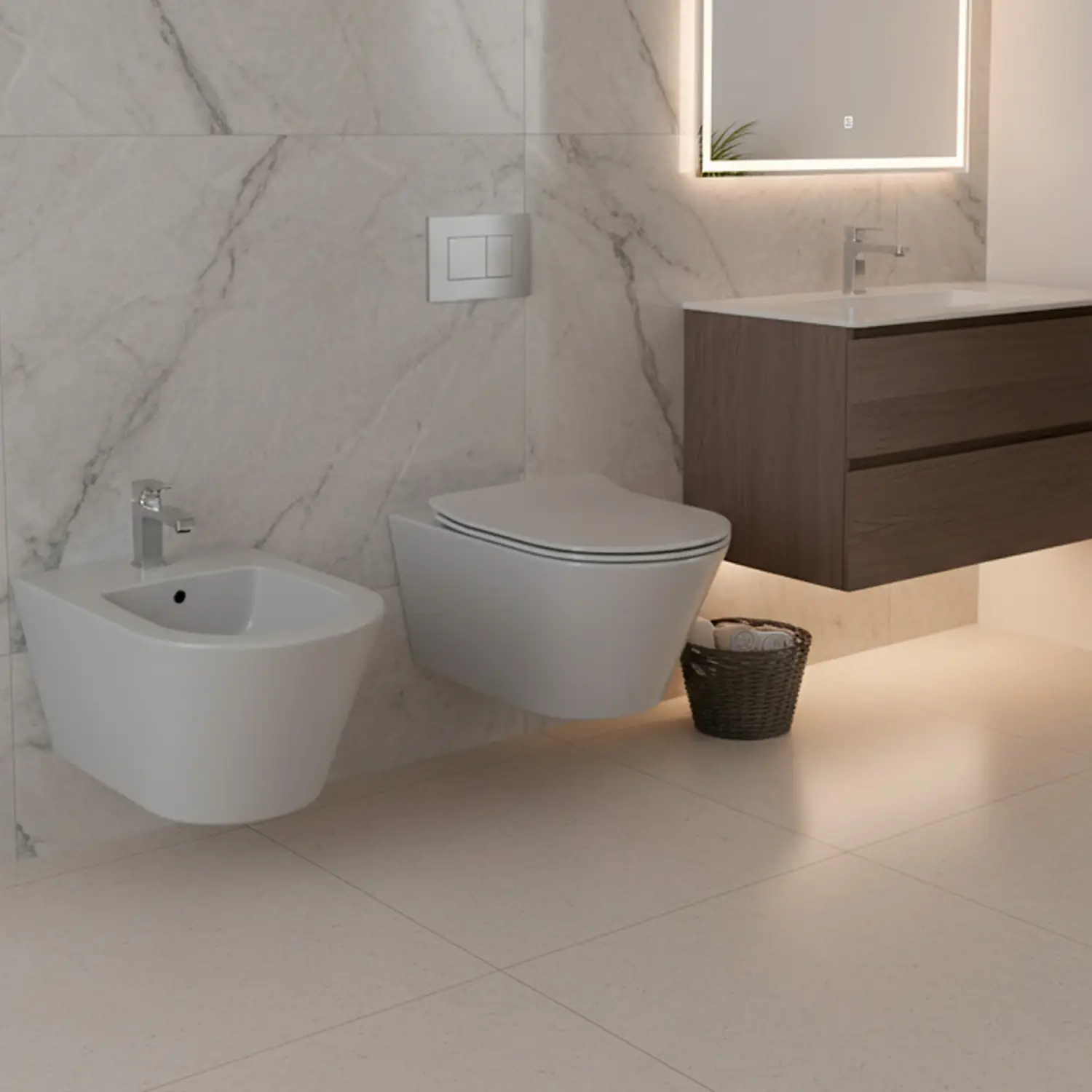 Coppia Sanitari Sospesi Vaso WC Rimless Con Tornado Flush E Bidet Sospeso Design Moderno Tondo In Ceramica Con Copriwater Chiusura Soft Close Rallentata (Grigio Opaco)
