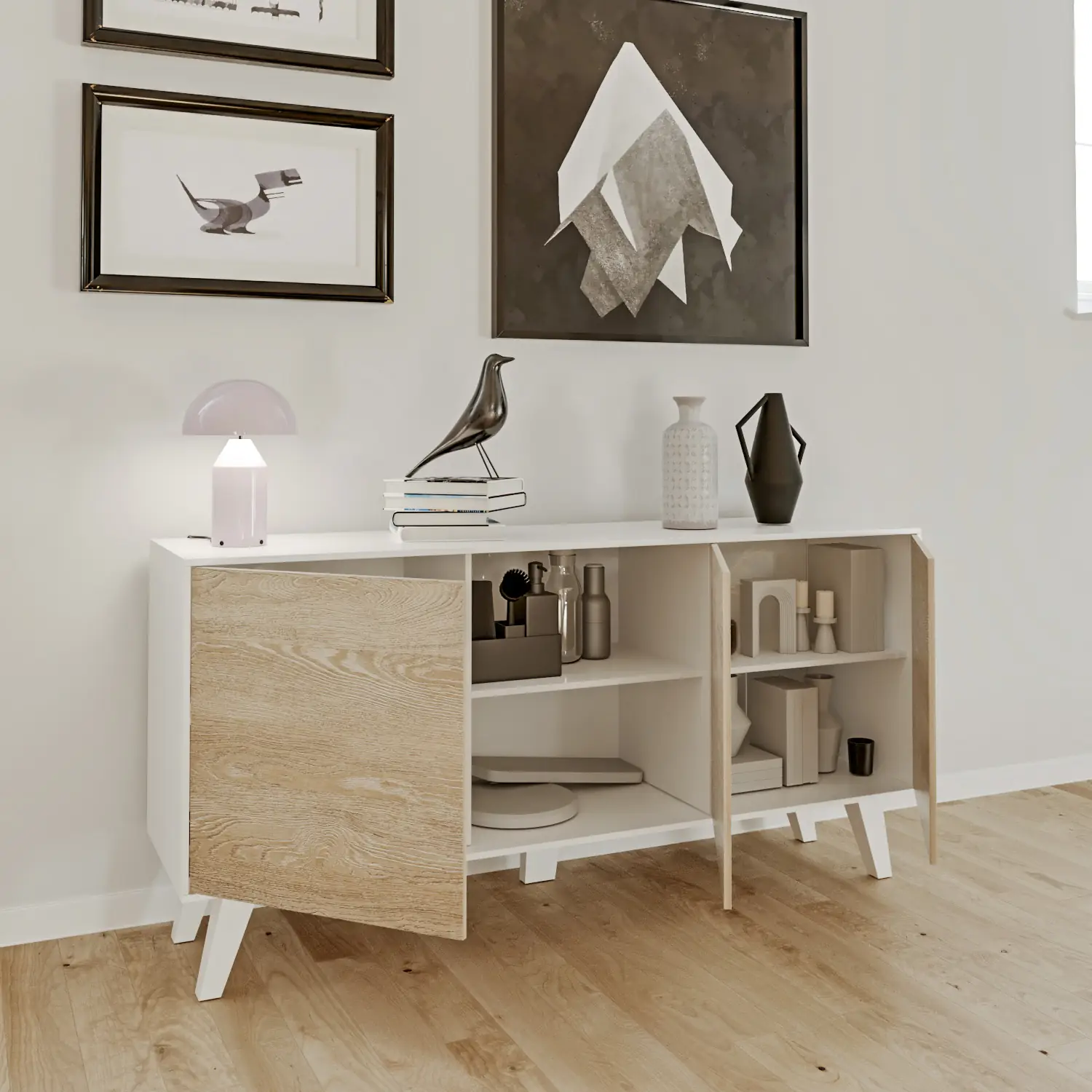 Credenza Gijòn Mobile Mobiletto Soggiorno Salotto Ingresso Sala da Pranzo 3 Ante 154 x 41 x 75 cm Colore Bianco Lucido Rovere Chiaro