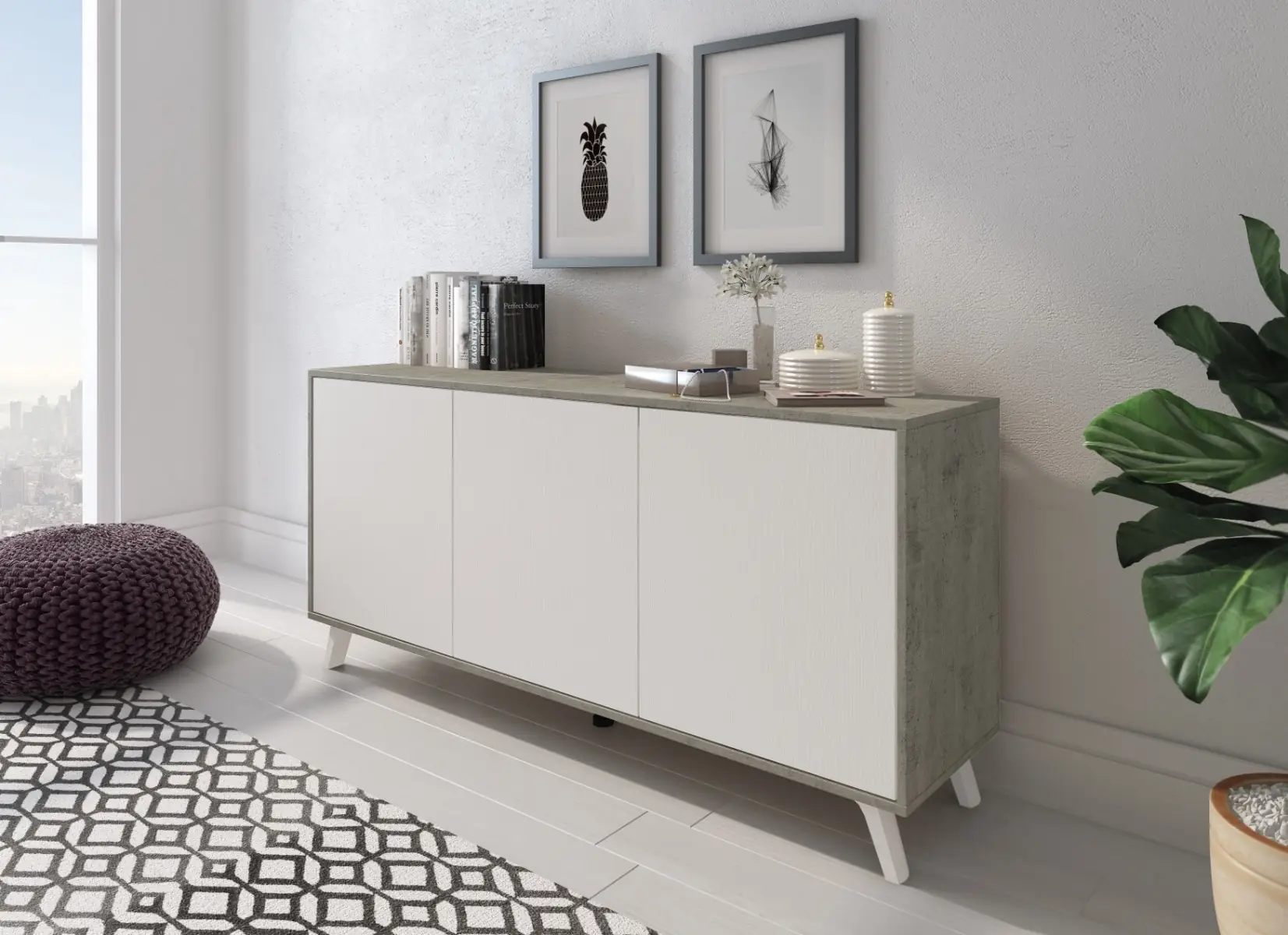 Credenza Moderna Madia 3 Ante Senza Maniglie Design Minimal Con Piedini RialzatiPer Soggiorno Ingresso Corridoio Salotto 154 x 72 x 40 Cm Bianco e Grigio Cemento