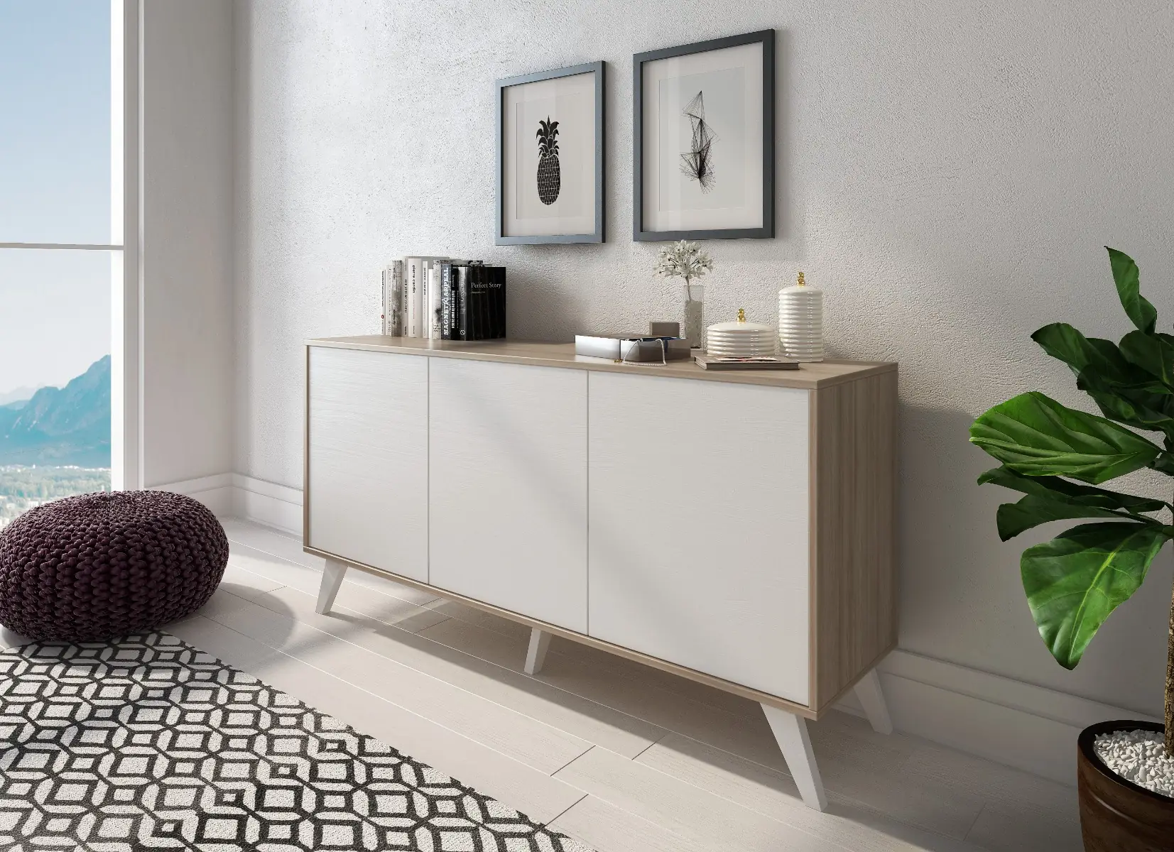 Credenza Moderna Madia 3 Ante Senza Maniglie Design Minimal Con Piedini RialzatiPer Soggiorno Ingresso Corridoio Salotto 154 x 72 x 40 Cm Bianco e Rovere