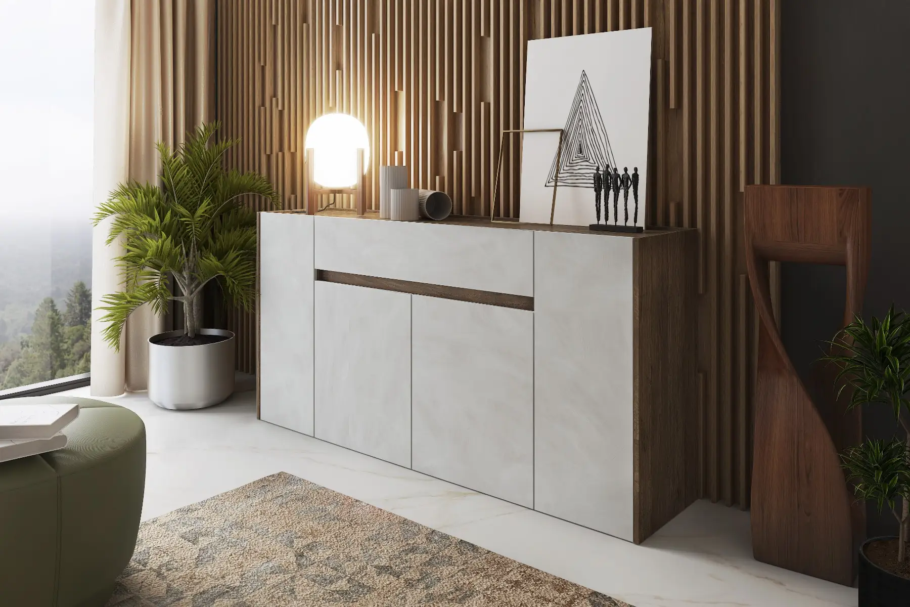 Credenza Moderna Madia In Melaminico Con 4 Ante E 1 Cassetto Mobile Contenitore Sala da Pranzo Soggiorno Design Senza Maniglie Elegante Capiente 170 x 85 x 40 cm Noce Spatolato