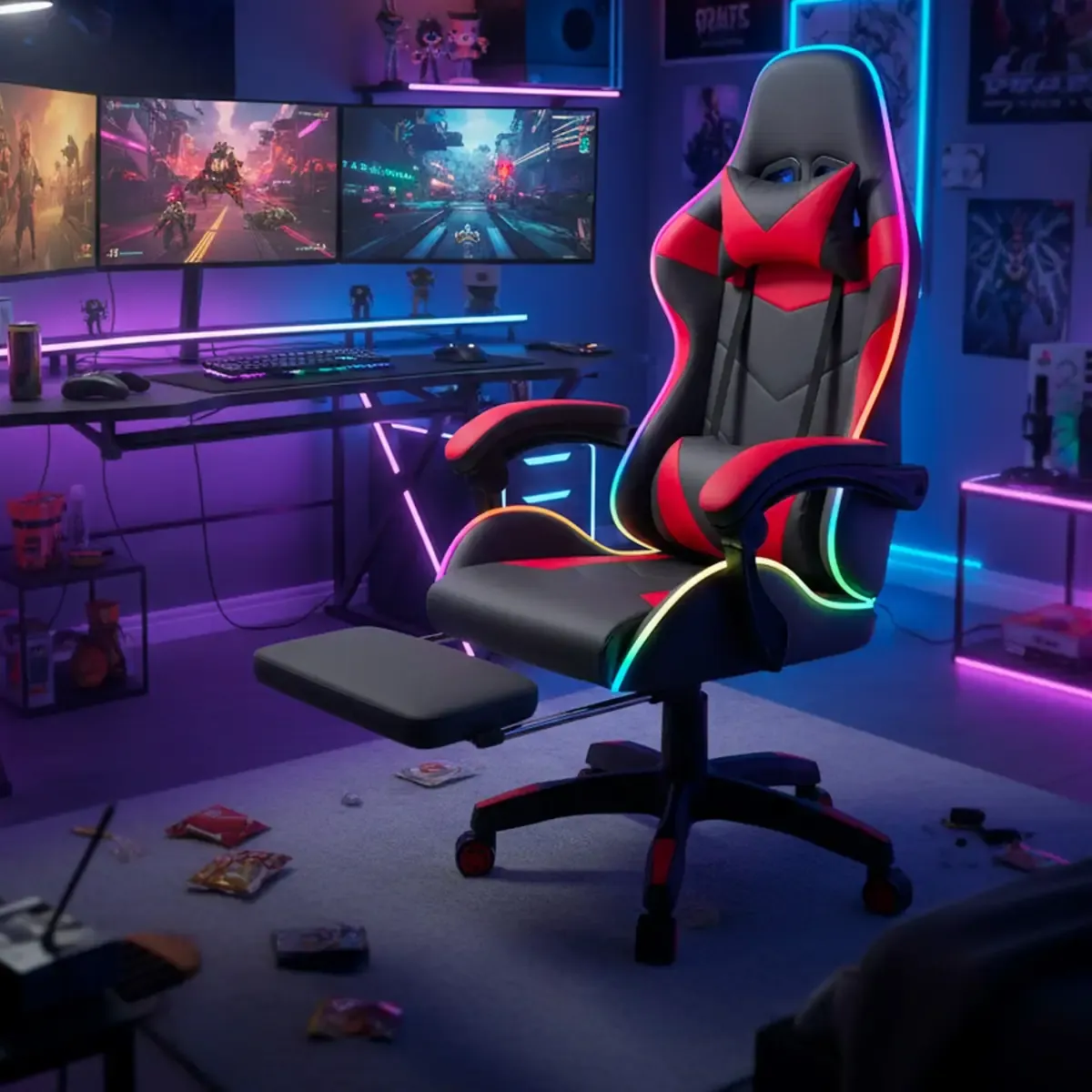 Sedia Gaming Con LED RGB e Telecomando Poltrona Ufficio Scrivania Casa PC Stile Racing Girevole Ergonomica In Ecopelle Cuscino Supporto Lombare Poggiapiedi Poggiatesta Braccioli (Nero e Rosso)