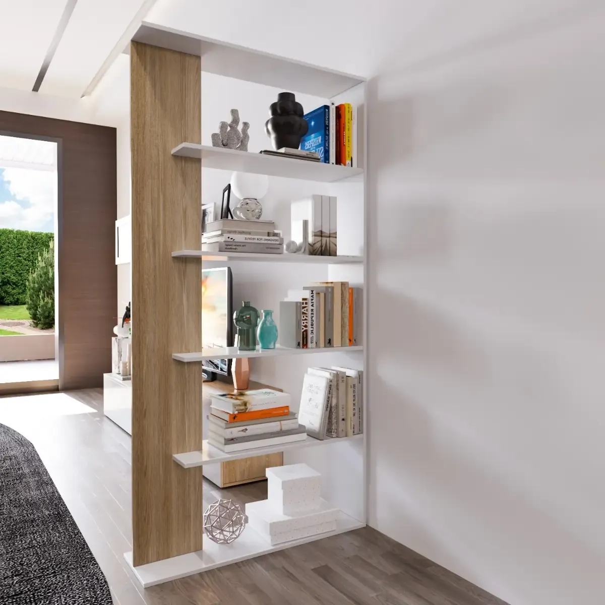 Libreria Santa Cruz Design Scaffale Mensola Moderna Bianca Rovere Chiaro Mobile Per Libri Con Ripiani Per Soggiorno Salotto 180 x 90 x 2