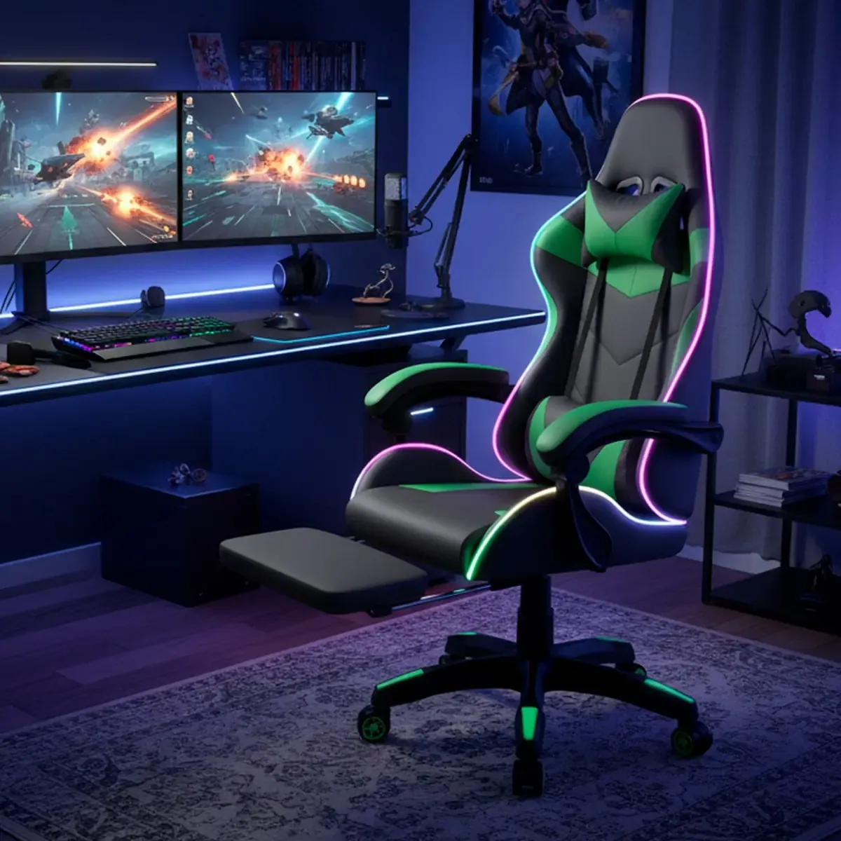 Sedia Gaming Con LED RGB e Telecomando Poltrona Ufficio Scrivania Casa PC Stile Racing Girevole Ergonomica In Ecopelle Cuscino Supporto Lombare Poggiapiedi Poggiatesta Braccioli (Nero e Verde)
