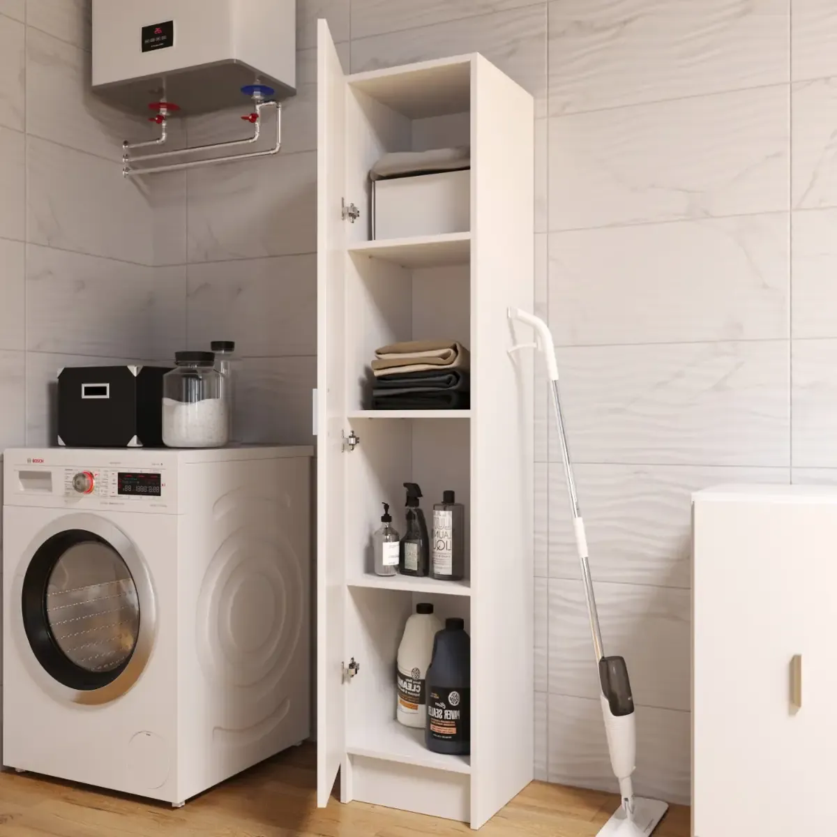 Armadio Armadietto Multiuso A Colonna con 1 Anta e 4 Ripiani Ingresso Camera da Letto Bagno Design Moderno Minimal Modulare Modulabile 180 x 37 x 37 cm Colore Bianco