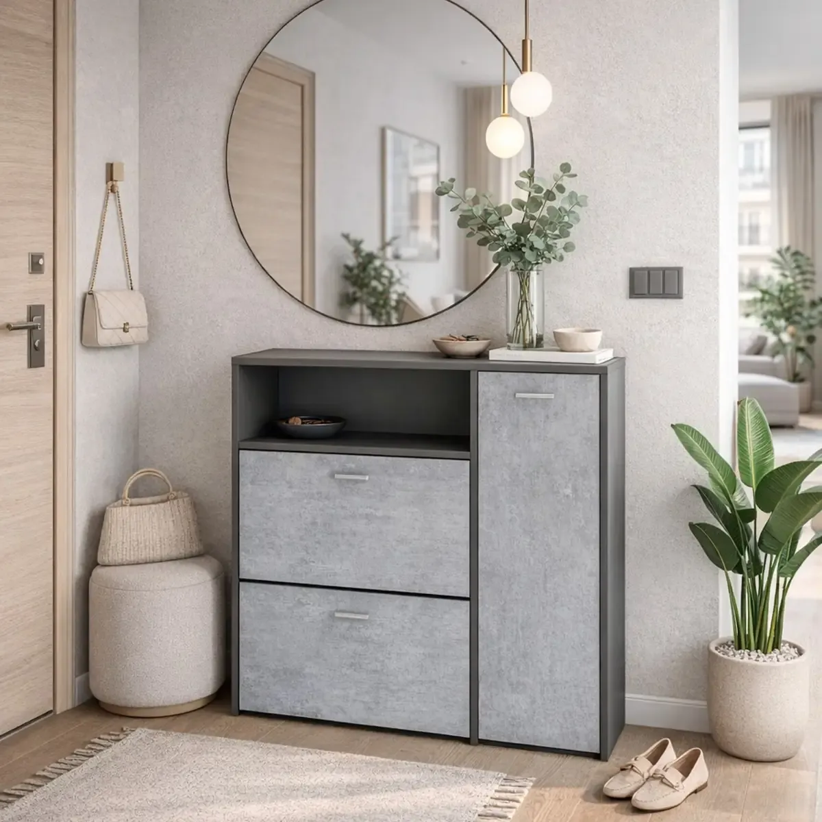 Scarpiera Mobile Portascarpe Salvaspazio Ingresso Con 2 Ribalte Doppia Profondità 3 Ante Con Ripiani Design Moderno Per Corridoio Sala 91.5 x 94 x 26.6 Cm Bianco e Rovere