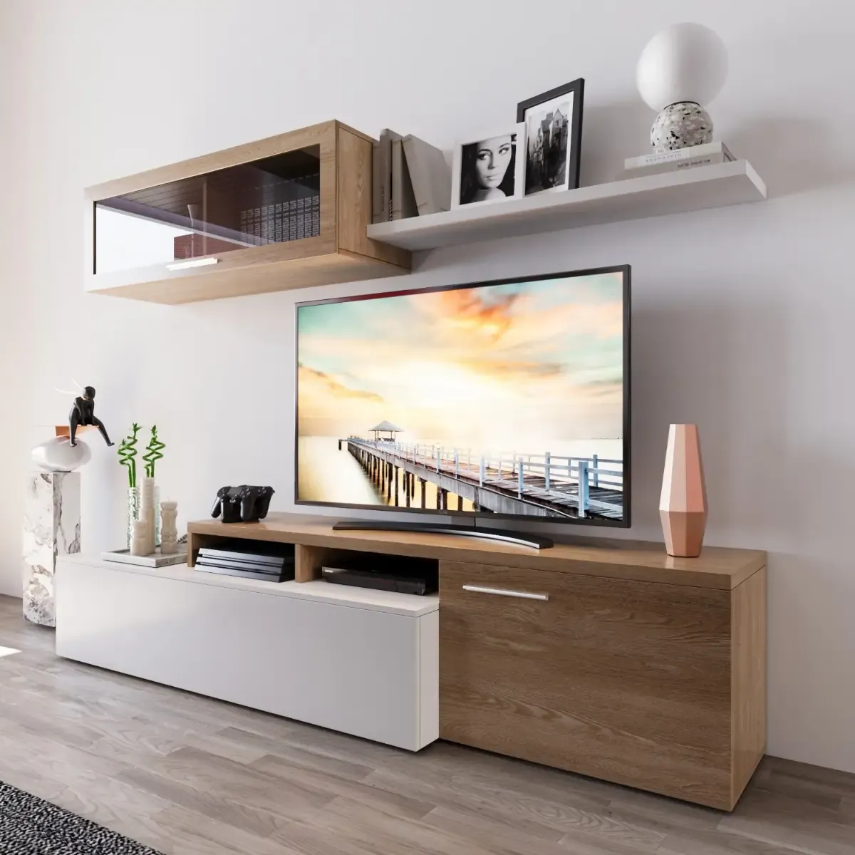 Parete Attrezzata Soggiorno Moderna Salotto con Mobile TV Modulo Sospeso Con Anta in Vetro Fumé E Mensola Stile Scandinavo Moderno 200 x 43 x 41 Cm Bianco e Rovere