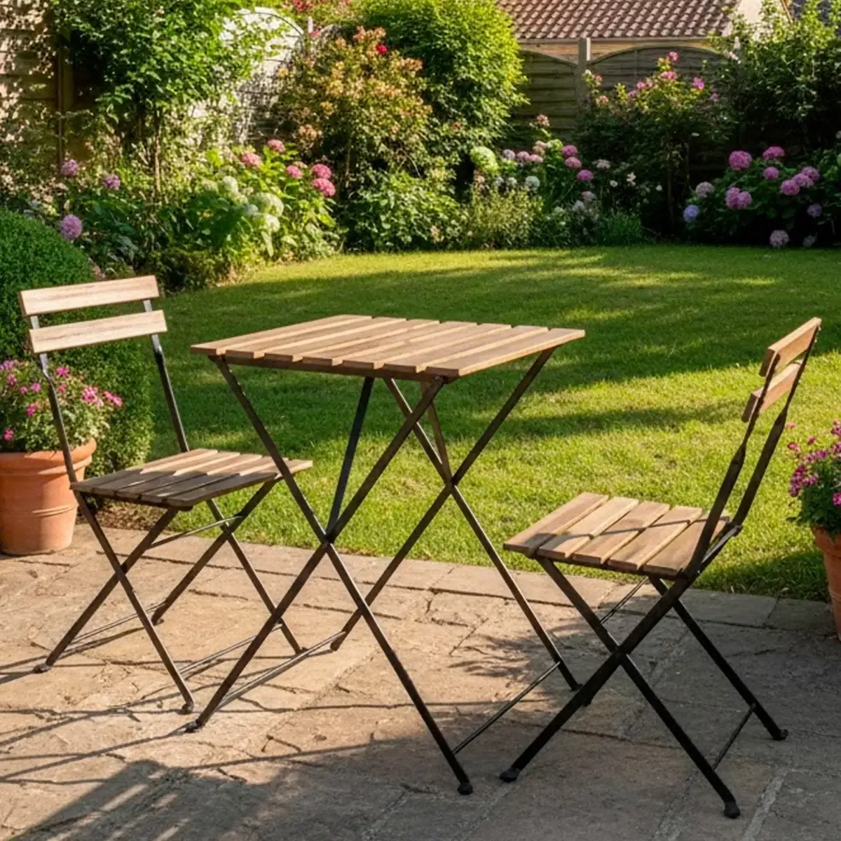 Set Bistrot 2 Sedie Con Tavolino Pieghevole Salvaspazio In Legno Di Acacia E Metallo Salottino Salotto Per Patio Giardino Balcone Veranda Esterno Piscina Terrazzo Arredo Design Semplice Marrone