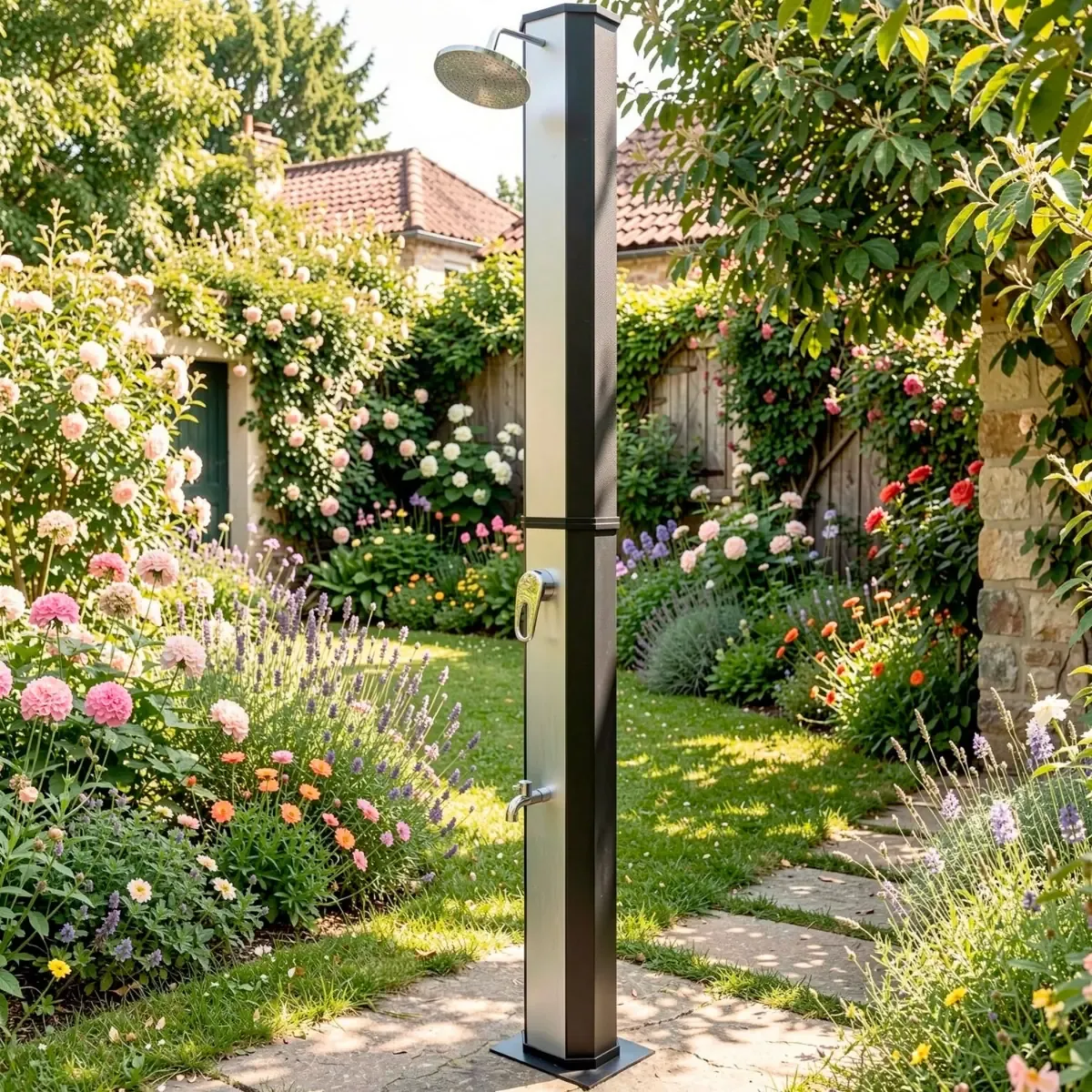 Doccia Solare 35 Litri 220 Cm Per Giardino Piscina Soffione Cromato Getto A Pioggia Con Regolatore Temperatura E Doccetta Per Piedi Attacco Per Tubo Flessibile Piscina Esterno Terrazzo Argento Nero