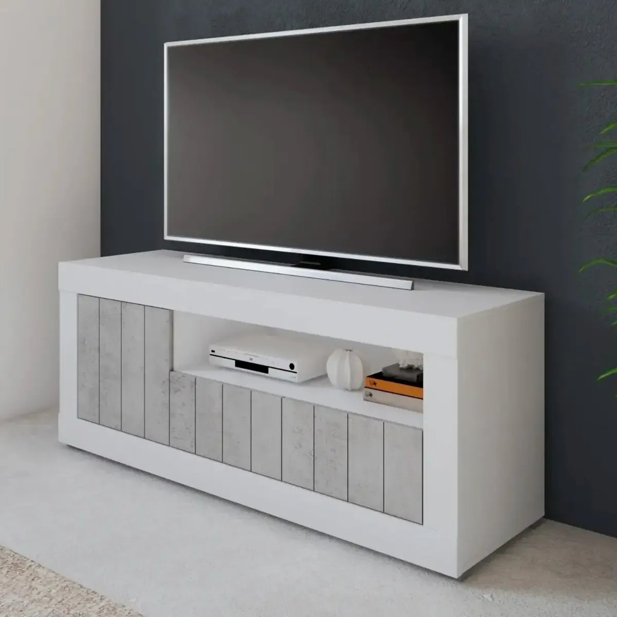 Mobile TV Basso Con Anta Laterale E A Ribalta Vano A Giorno Ripiani Mensole Interne Design Moderno Senza Maniglie Soggiorno Living Salotto