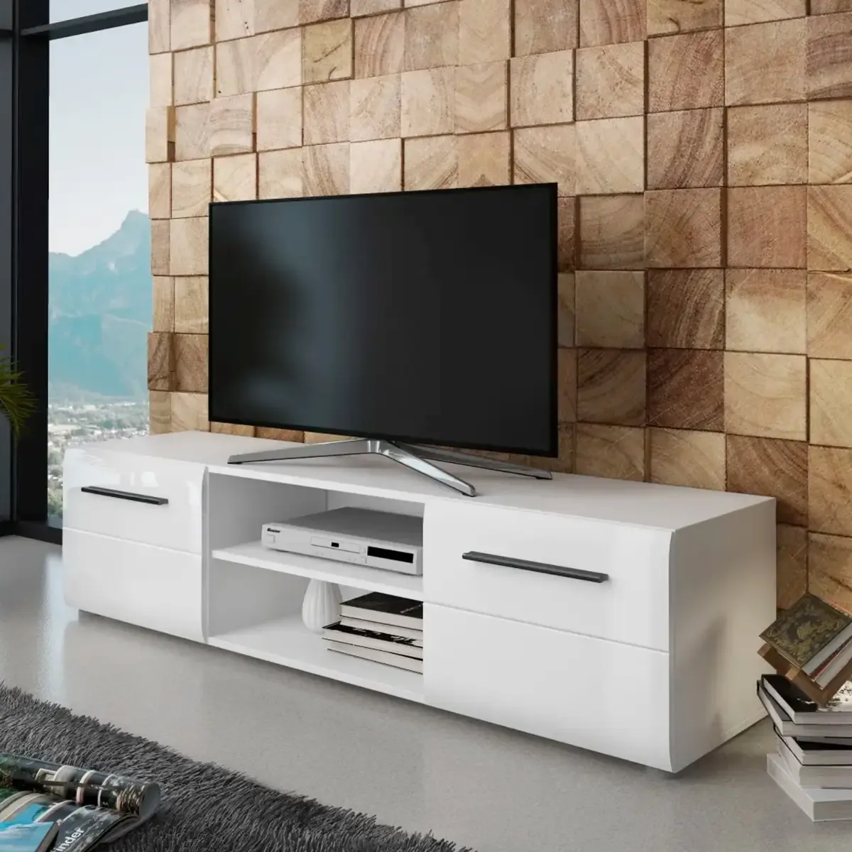 Mobile Porta TV Con Maniglie Nere Con 2 Ante E 2 Ripiani Aperti Design Moderno per Soggiorno Adatto A TV fino a 65 Pollici