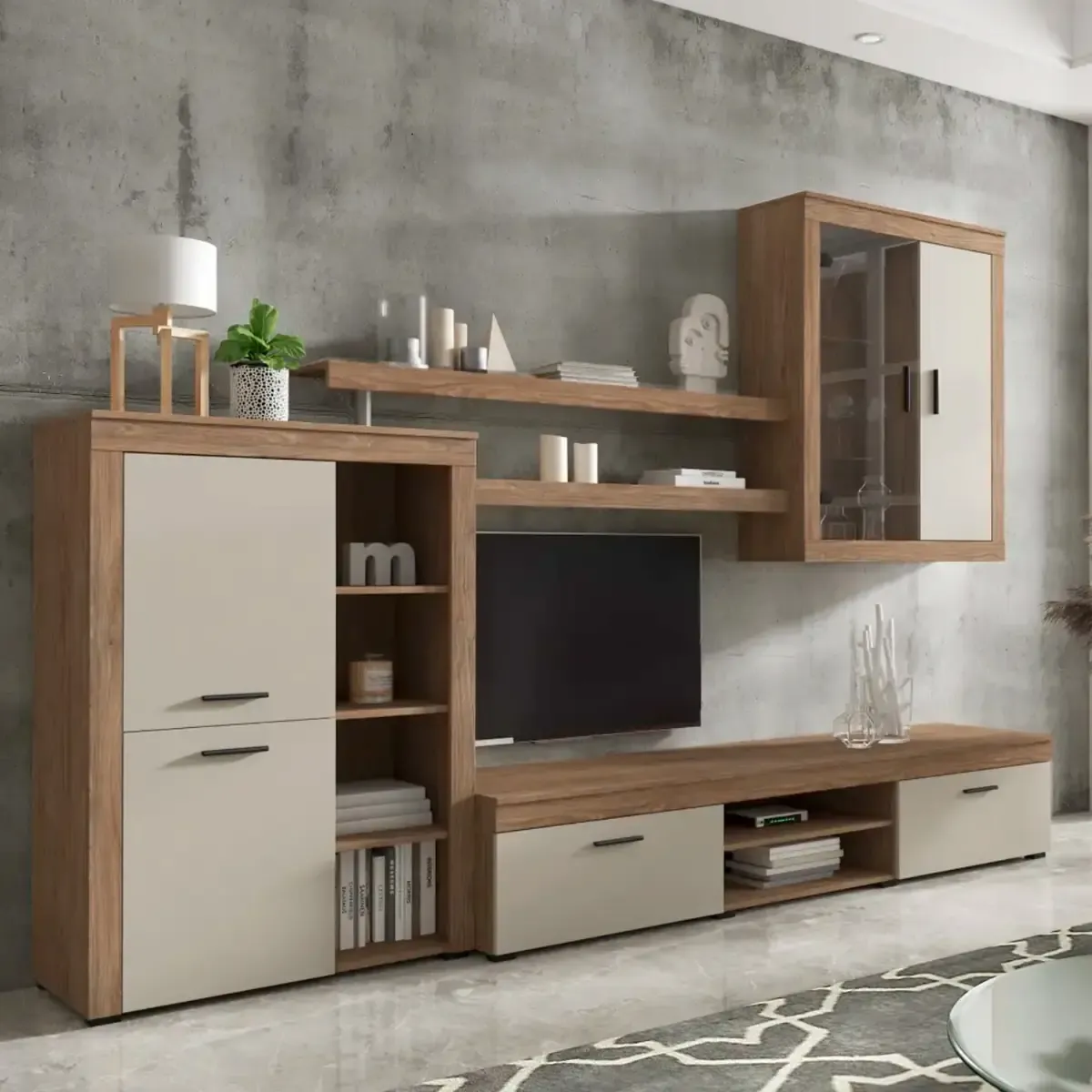 Parete Attrezzata Da Soggiorno Salotto Moderna Con Ante Mensole Vani A Giorno Vetrinetta Mobile TV Design Moderno Moduli Sospesi 293 x 193 x 50 Cm Bianco E Rovere Scuro