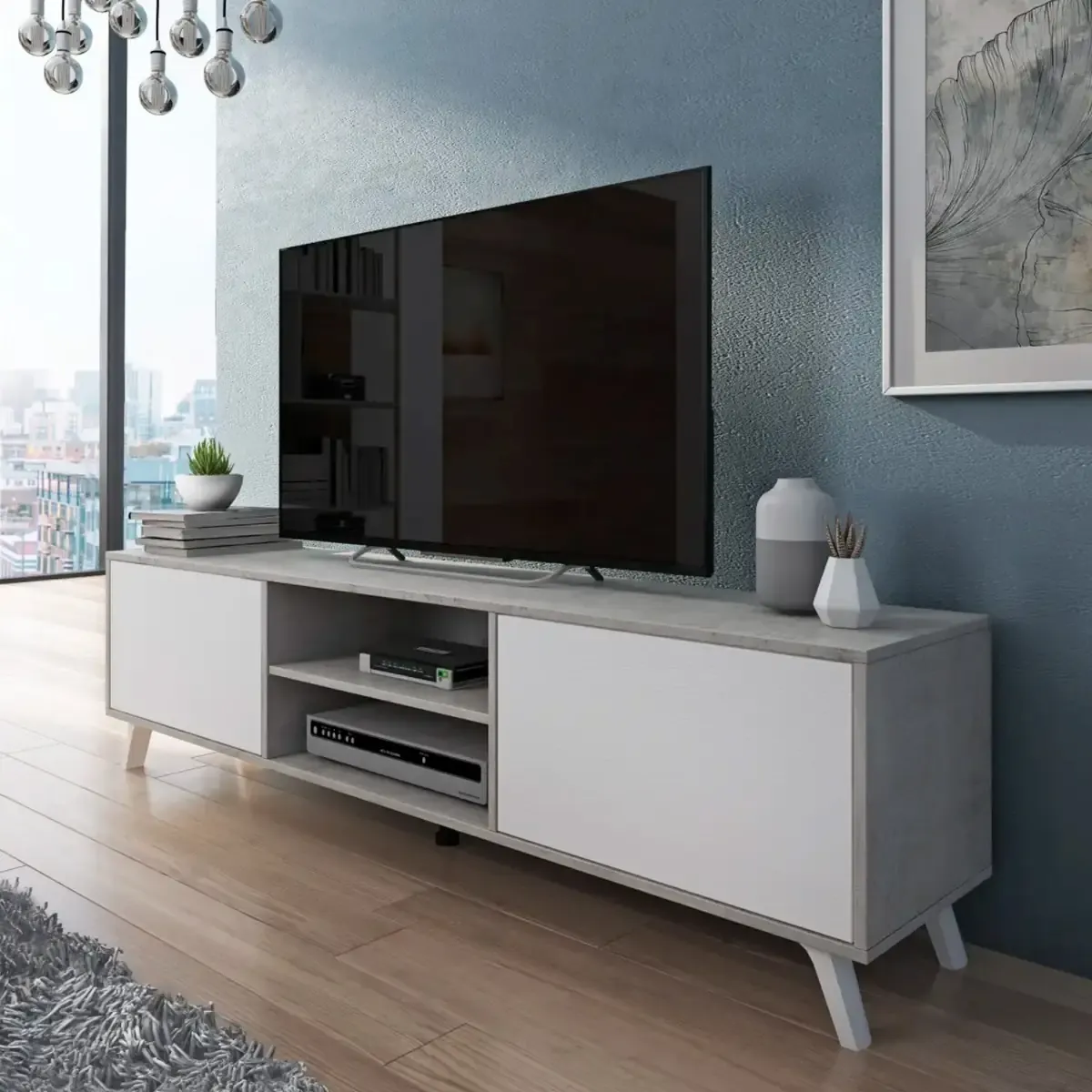 Mobile TV Moderno Con 2 Ante Battenti Ripiani Centrali Aperti Gambe Design Scandinavo Per Televisori fino a 75” 180 x 39,6 x 49 Cm Grigio Cemento E Bianco