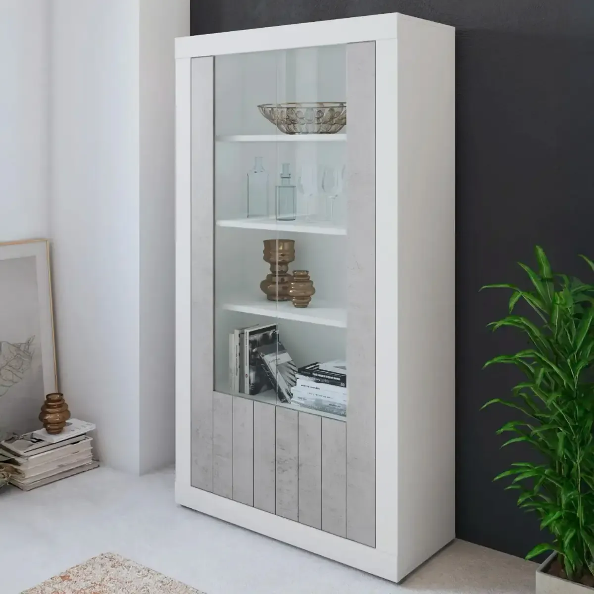 Vetrina Moderna 2 Ante In Vetro Con Pannelli Effetto Legno Libreria Soggiorno Sala da Pranzo Vetrinetta Stile Contemporaneo 104.8 x 41.8 x 191 Cm Grigio Cemento