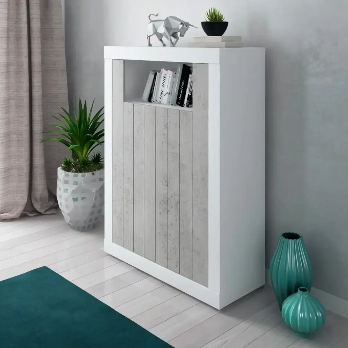 Credenza Alta Commodoro con 2 Ante E Vano A Giorno Madia Soggiorno Cucina, Mobile Moderno con Vani Multi Spazio e Ripiani Credenza in Legno, 110 x 144 x 42 cm Colore Bianco e Grigio Cemento