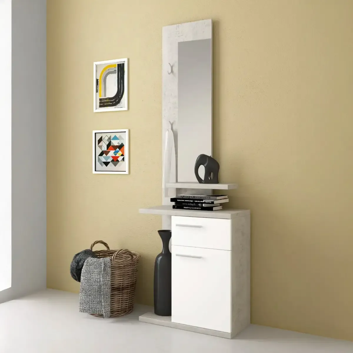 Mobile Ingresso Mobiletto Consolle Salvaspazio Con Specchio Cassetto 3 Ripiani E Anta Design Moderno Ingresso Corridoio Resistente E Compatto 60,5 x 186 x 28 Cm Bianco E Grigio Cemento